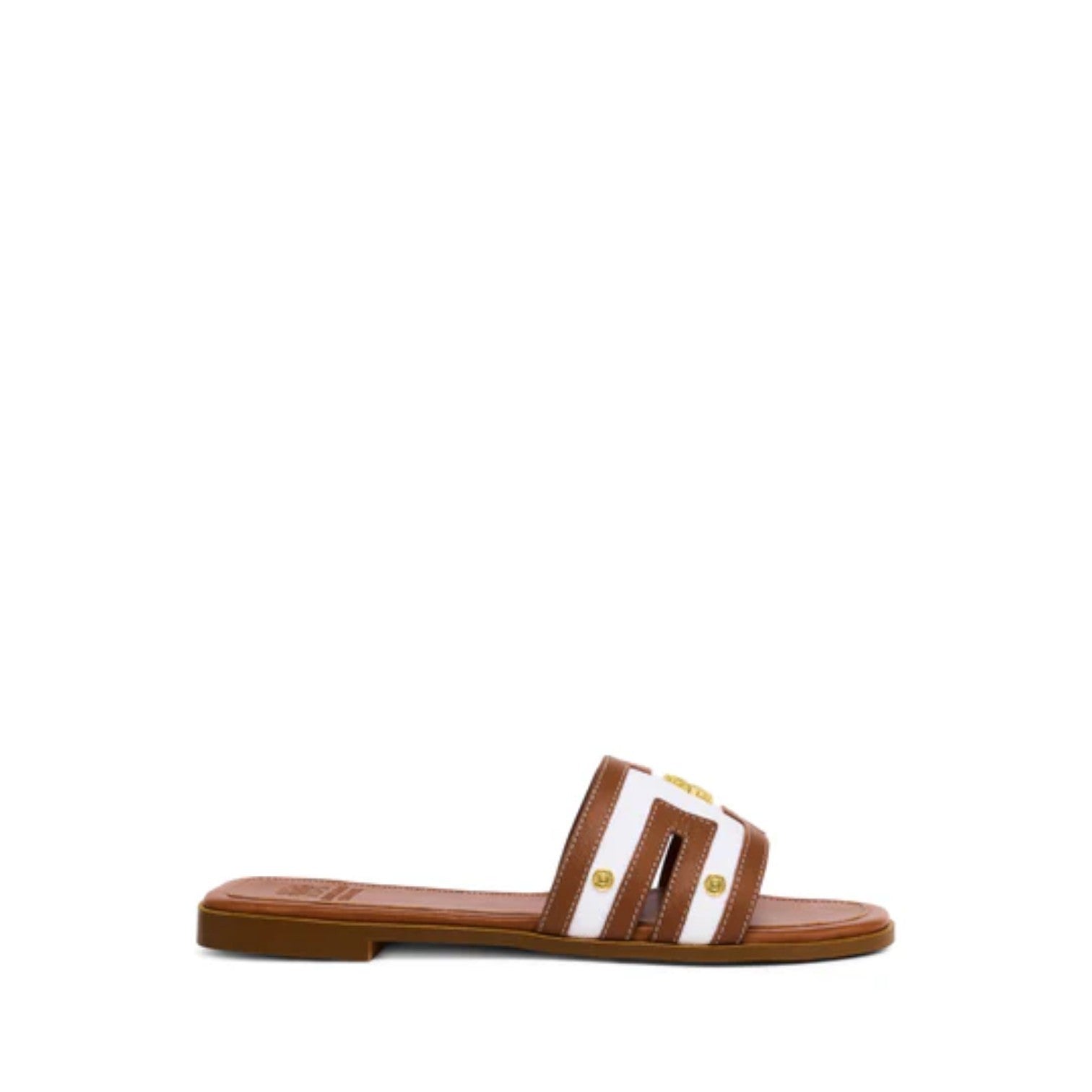 Brown sandal with white strap on a white background