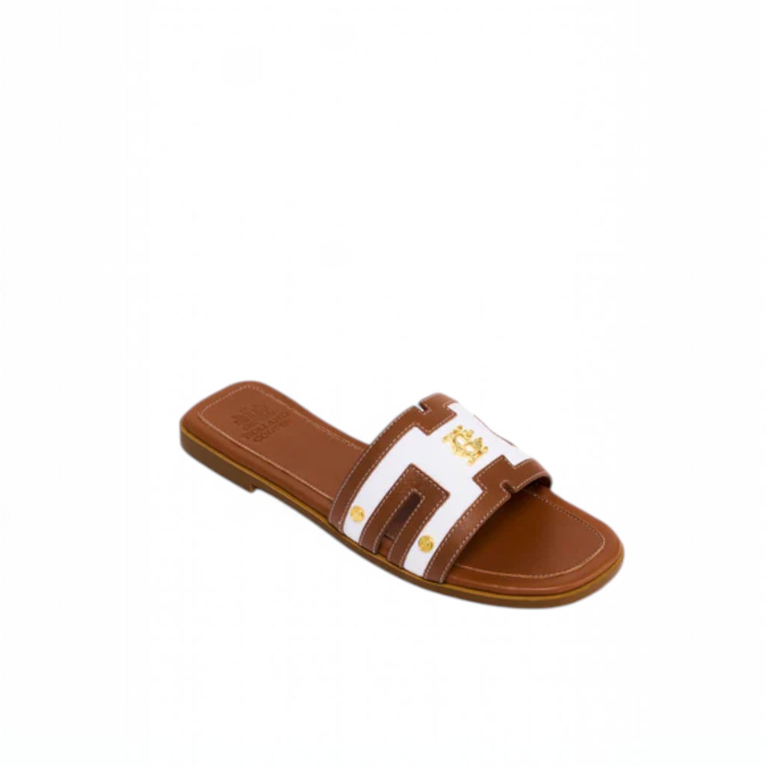 Brown sandal with a white strap on a white background