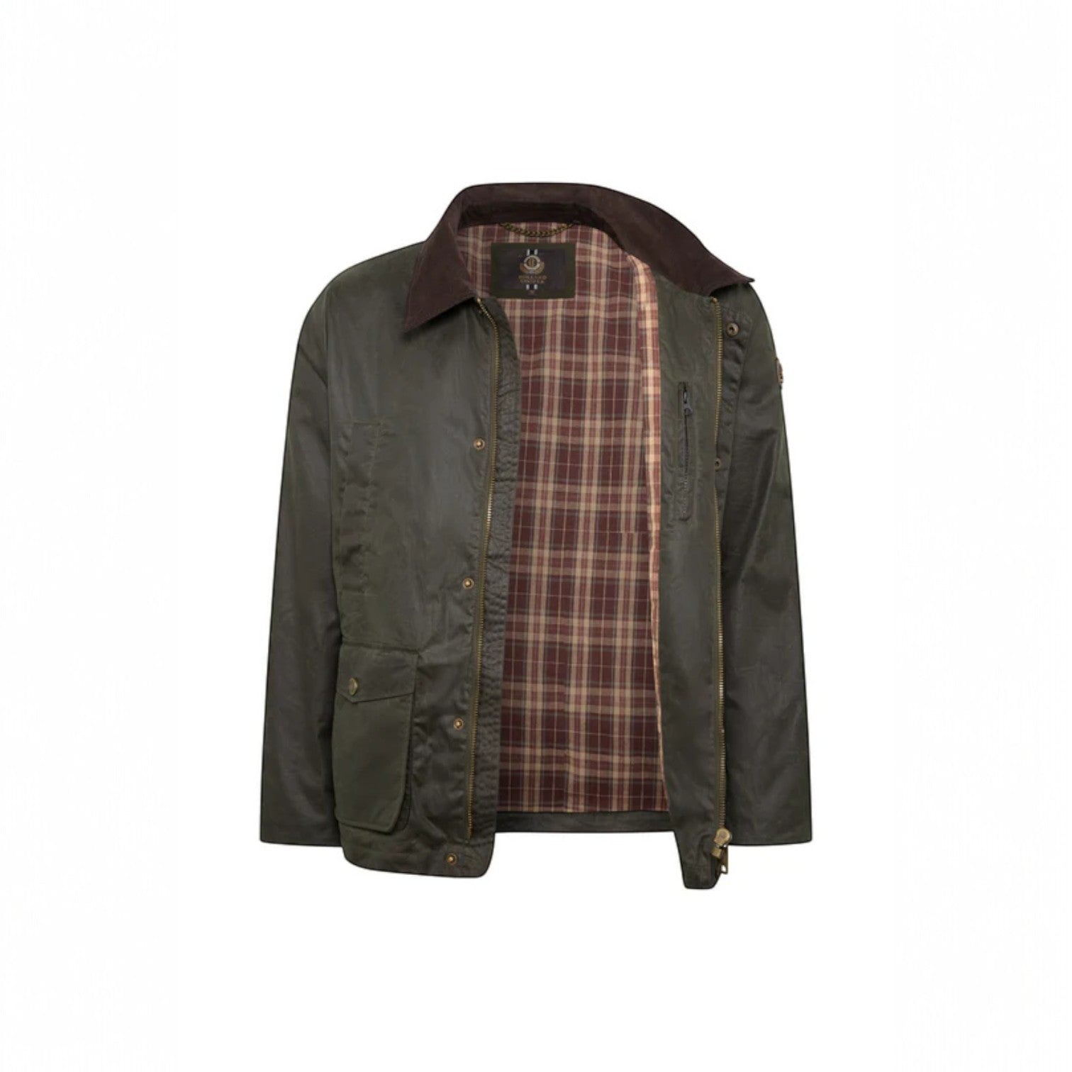 Green jacket with plaid lining on a white background
