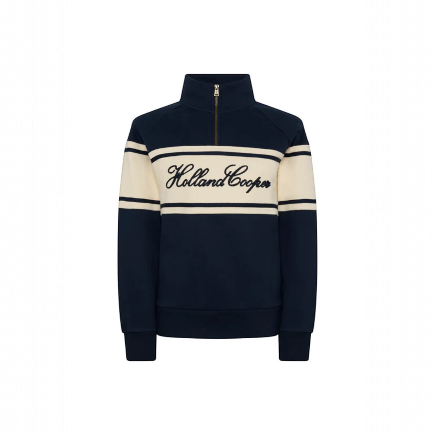 Navy blue and cream sweatshirt with 'Holland Cooper' branding on a white background