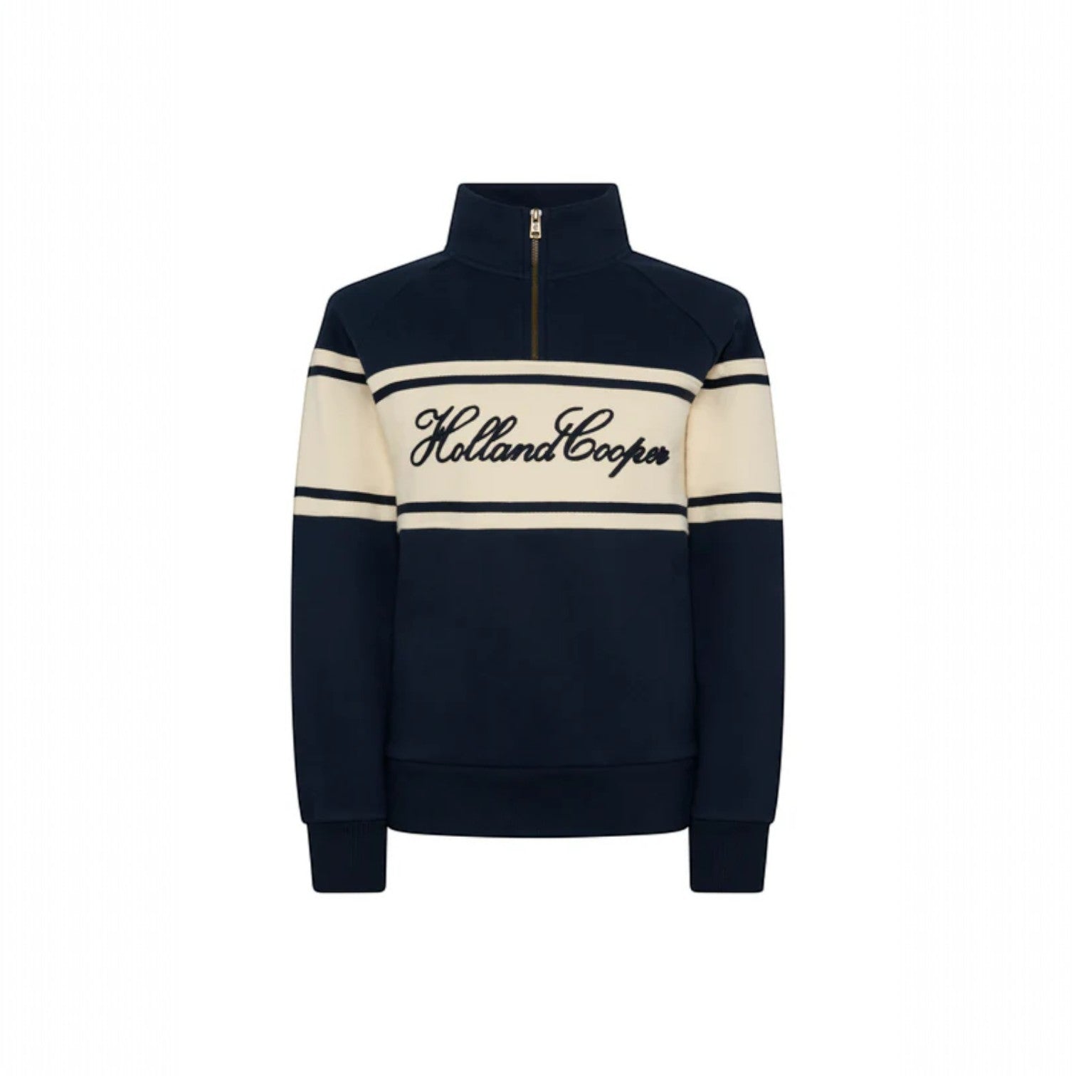 Navy blue and cream sweatshirt with 'Holland Cooper' branding on a white background