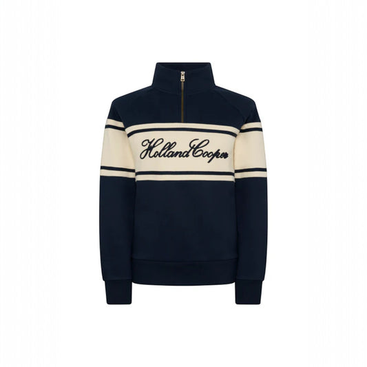 Navy blue and cream sweatshirt with 'Holland Cooper' branding on a white background