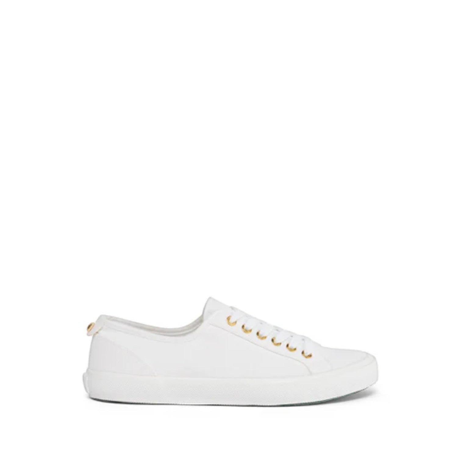 White sneaker with gold accents on a white background
