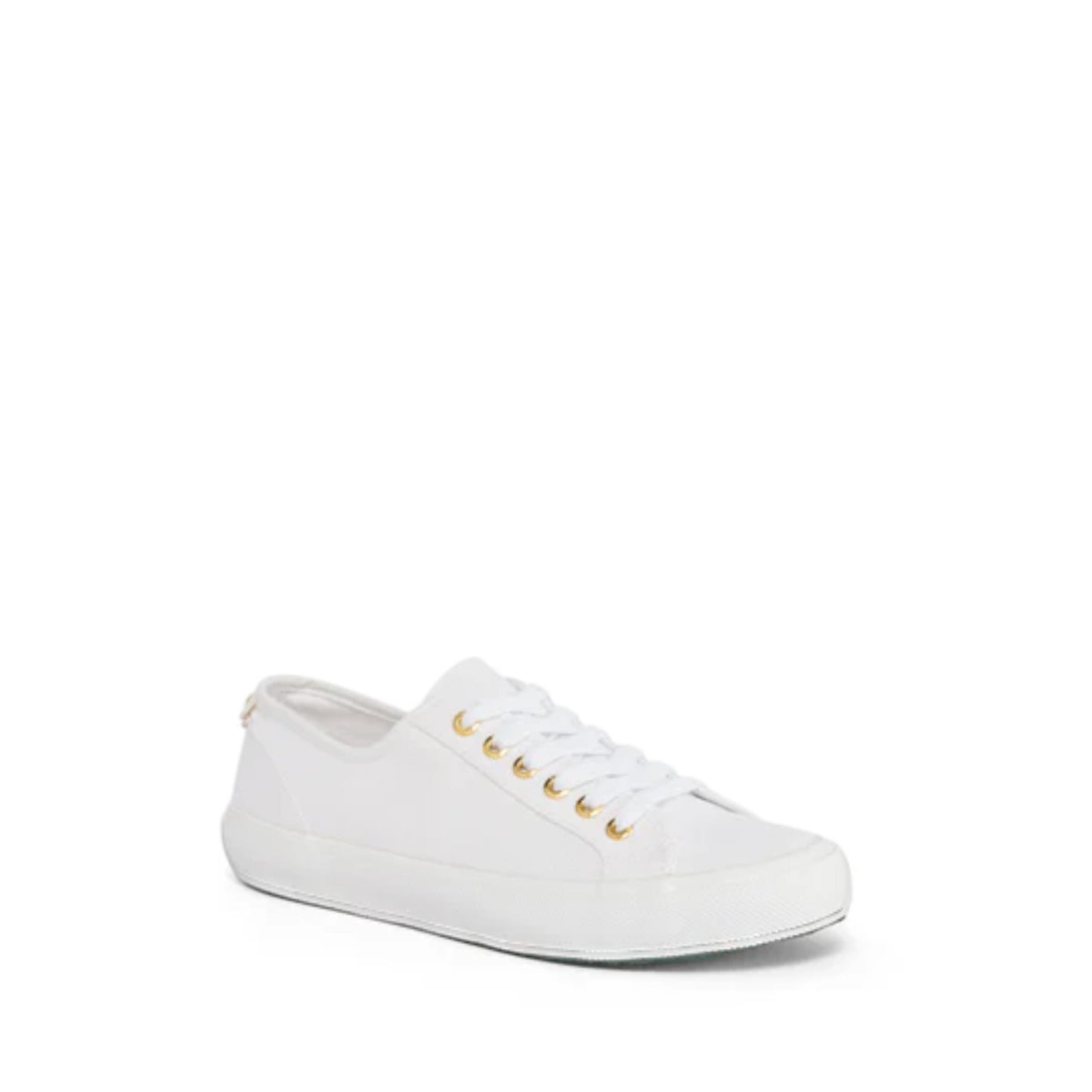 White sneaker with gold accents on a white background