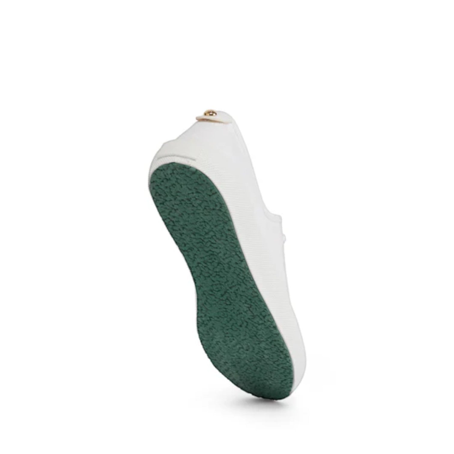 White sneaker with green sole on a white background