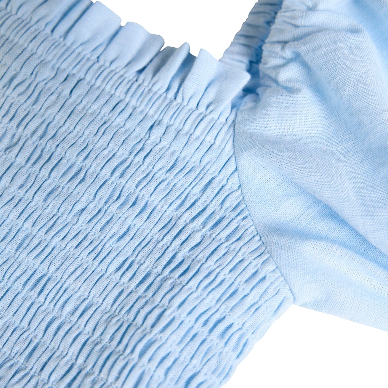 Close-up of light blue textured fabric with a white background