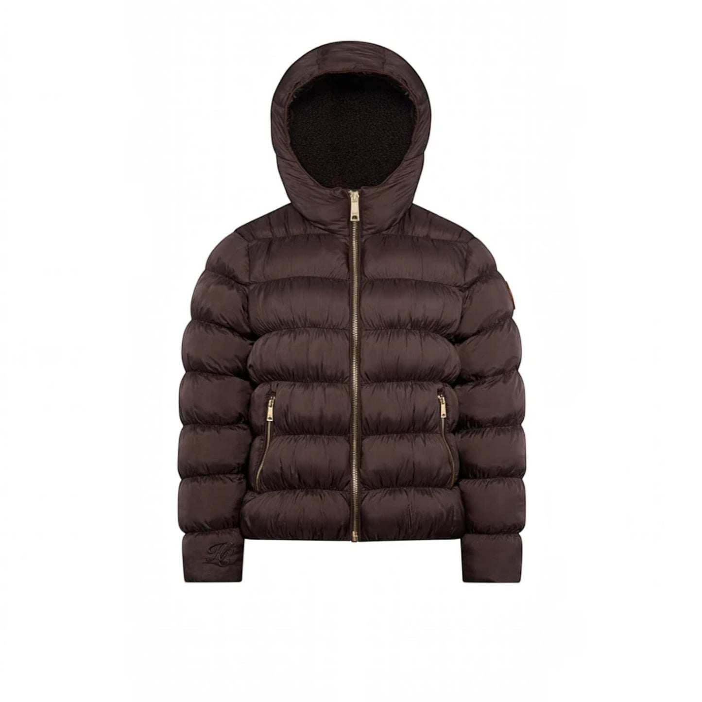 A dark brown hooded puffer jacket with horizontal quilting, a front zipper, and zippered side pockets, shown against a plain white background.
