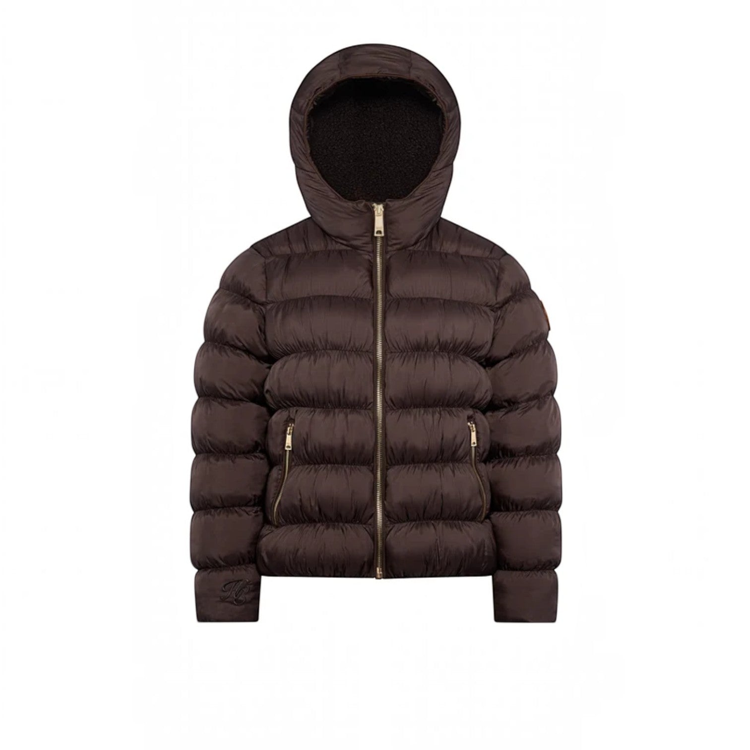 A dark brown hooded puffer jacket with horizontal quilting, a front zipper, and zippered side pockets, shown against a plain white background.