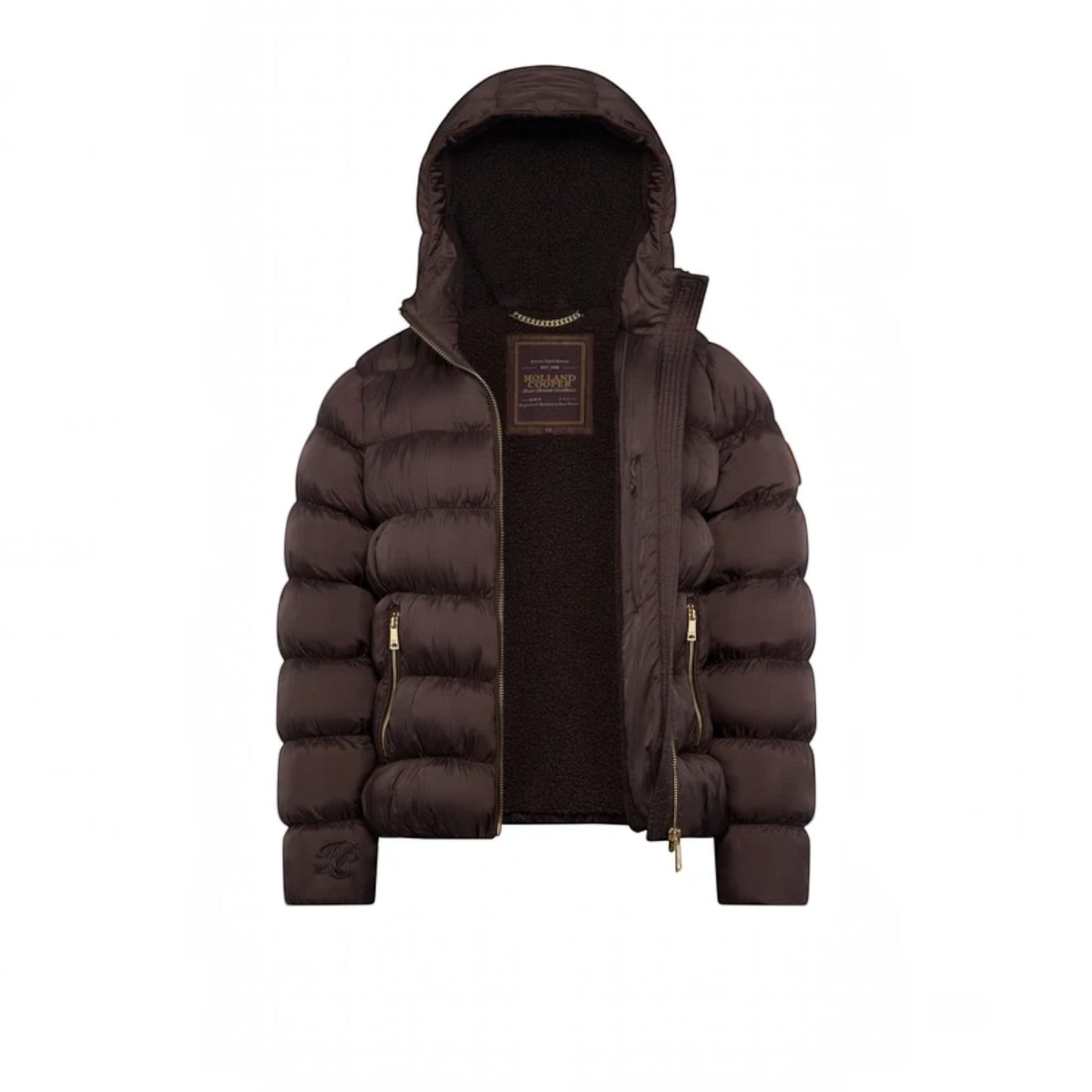 A dark brown hooded puffer jacket with a plush dark brown fleece lining, featuring gold-tone zippers and a brand patch on the chest, displayed against a solid white background.