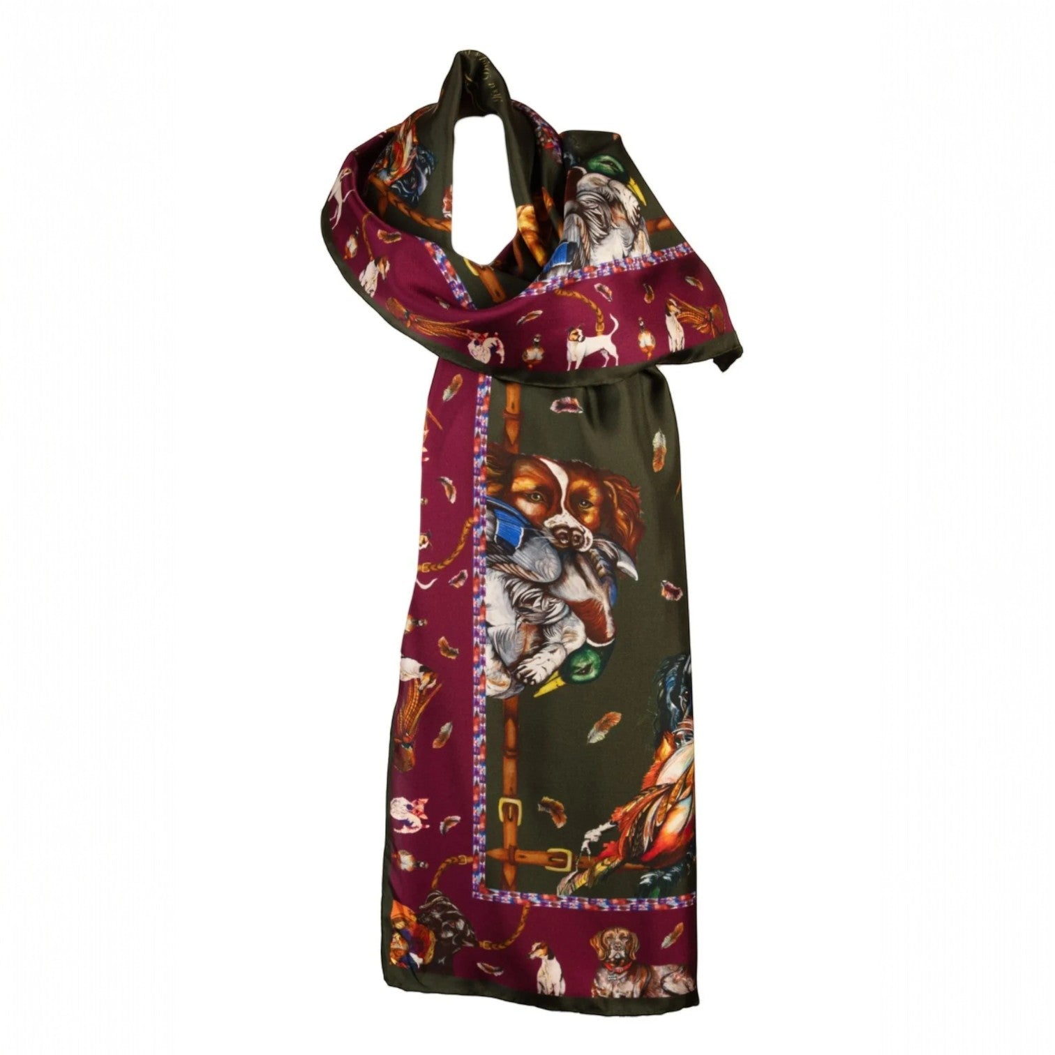 Clare Haggas It's A Dog's Life Hunter Green & Oxblood Classic Silk Scarf