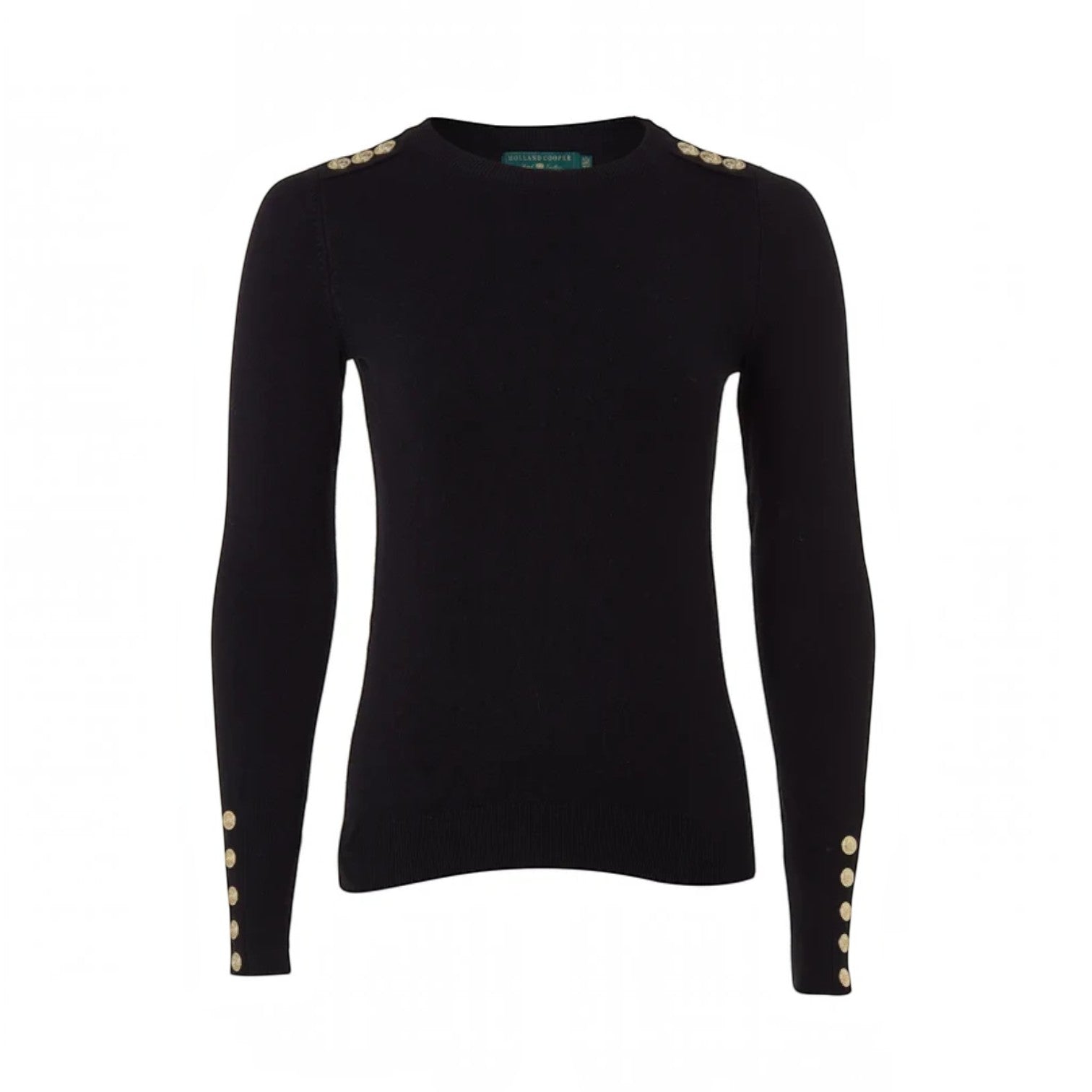 A black long-sleeve knit sweater with decorative gold-tone buttons on the shoulders and cuffs, displayed on a clean white background.