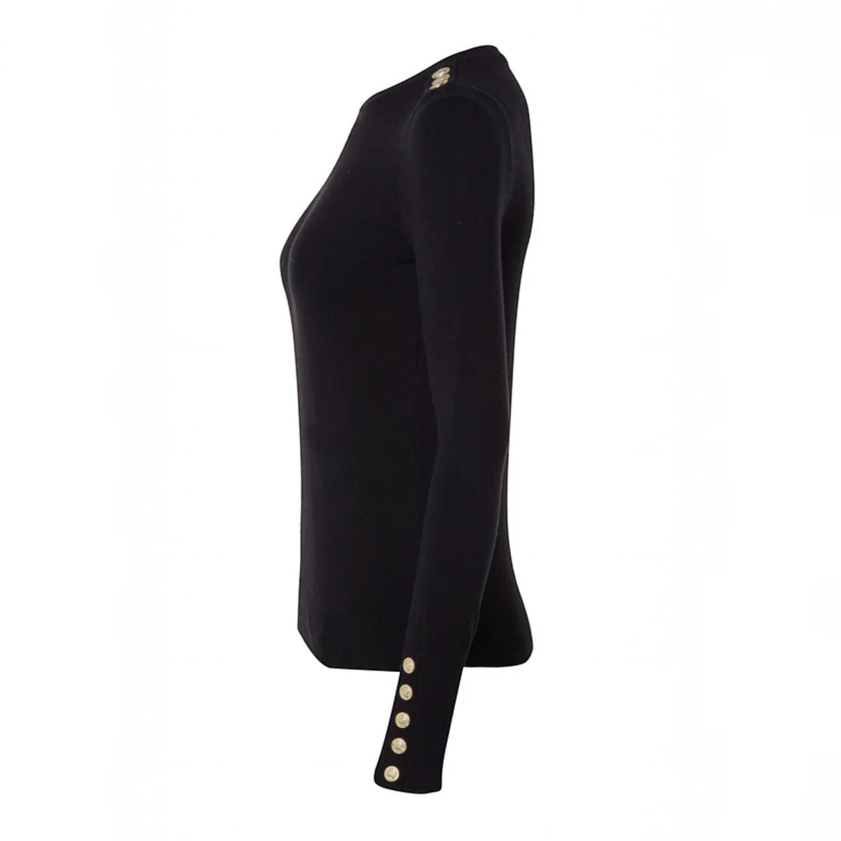 A black long-sleeve knit top shown in side profile, featuring a small gold button detail at the neckline and a row of four gold buttons along the cuff.