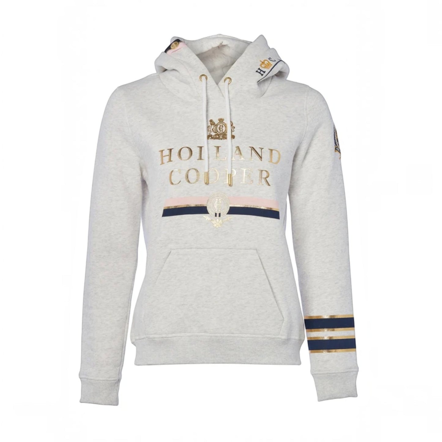 A light gray heather hoodie featuring 'HOLLAND Cooper' printed in gold across the chest, with a gold crown emblem above. A horizontal stripe across the chest is accented with navy blue and a light pink center stripe.