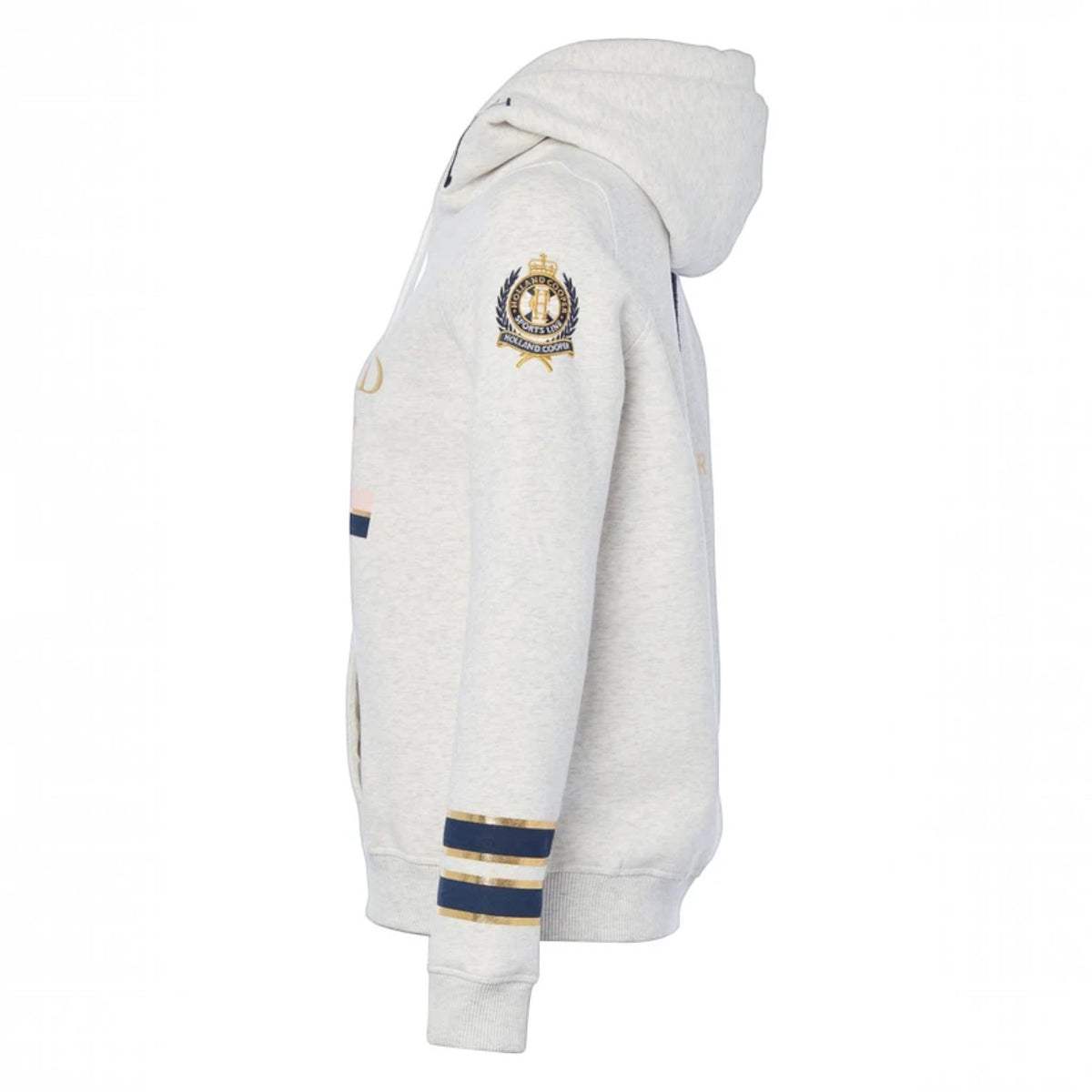 A light heather gray hooded sweatshirt shown from the side profile, featuring a gold and navy blue crest patch on the upper left shoulder, gold stripes on the sleeve, and a small gold logo on the right shoulder.
