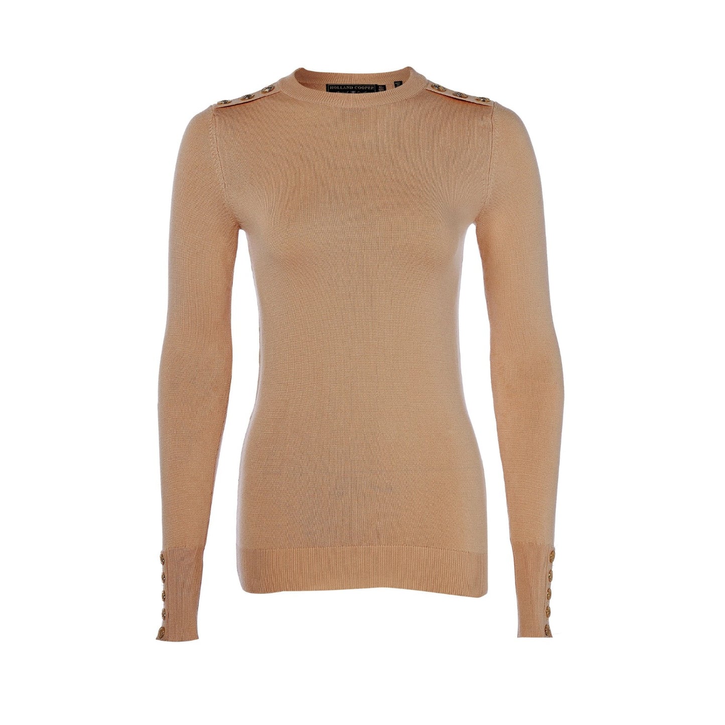 Holland Cooper Buttoned Knit Crew Neck Dark Camel