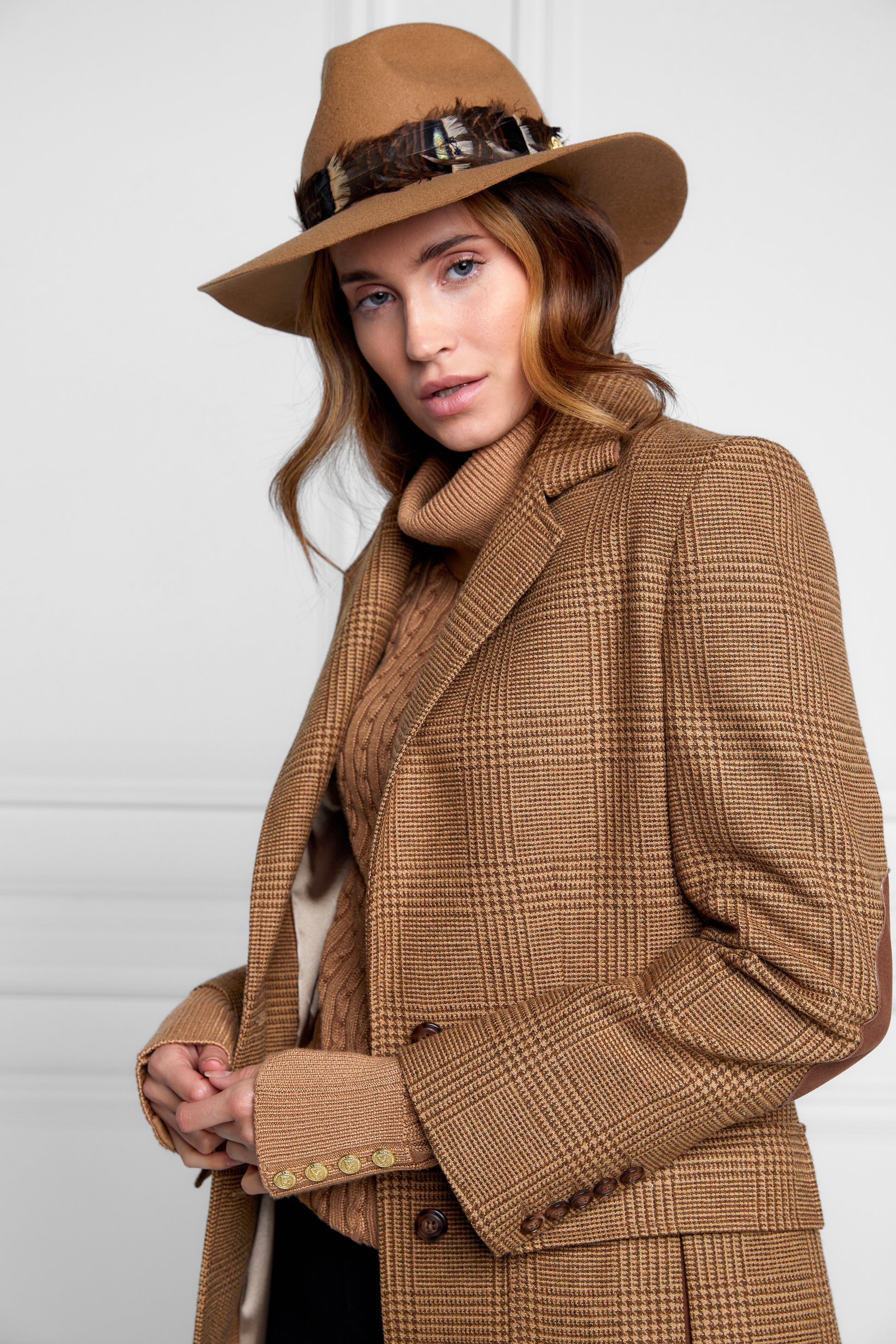 Holland Cooper Trilby Hat Iridescent Feather Band Camel
