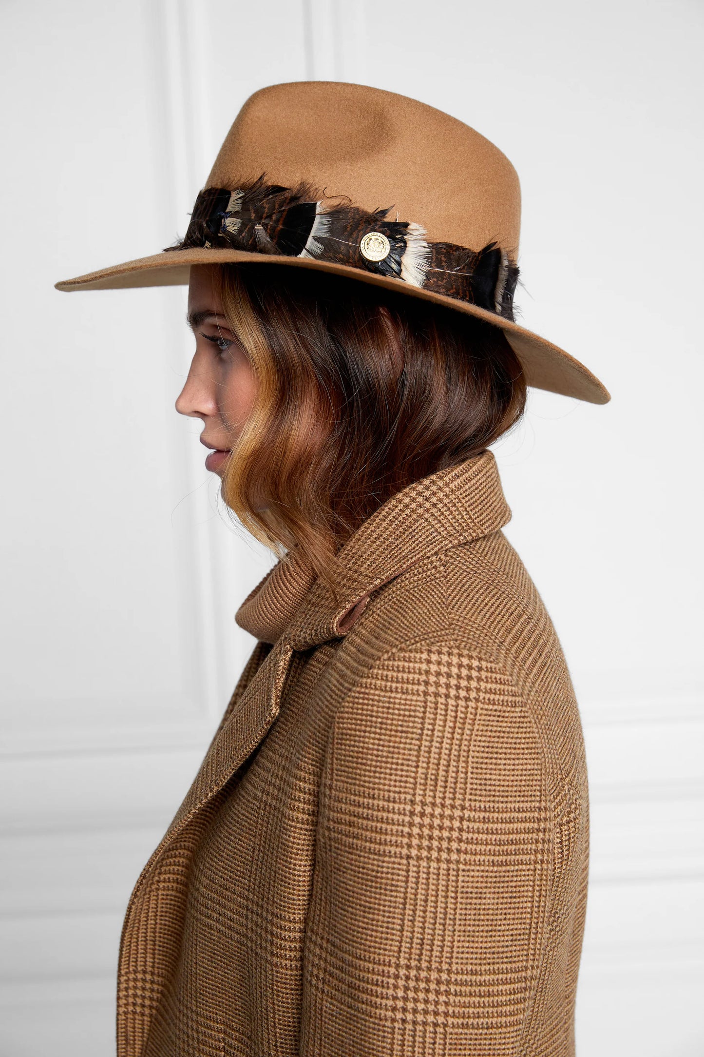 Holland Cooper Trilby Hat Iridescent Feather Band Camel