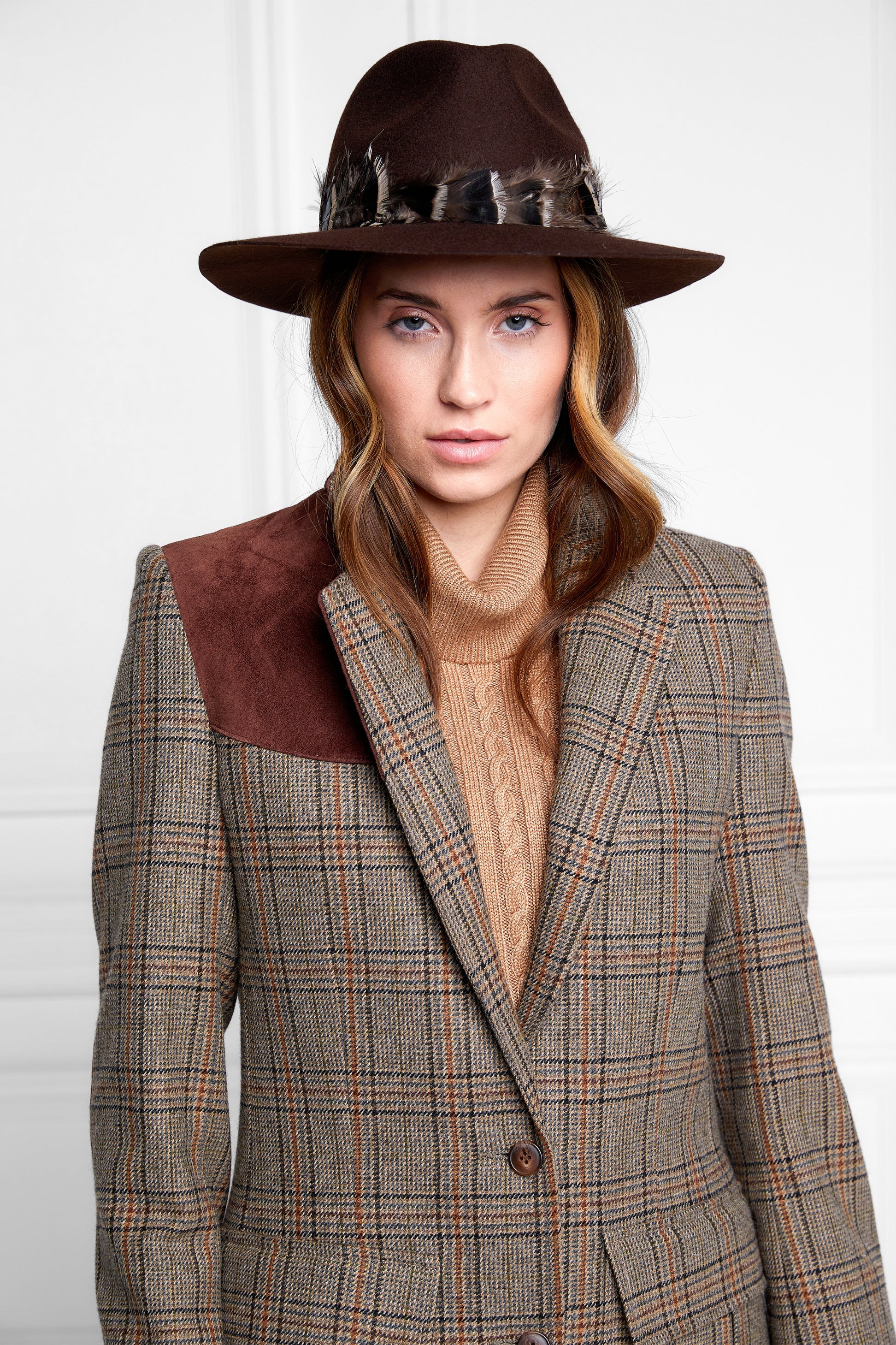 Holland Cooper Trilby Hat Iridescent Feather Band Chocolate