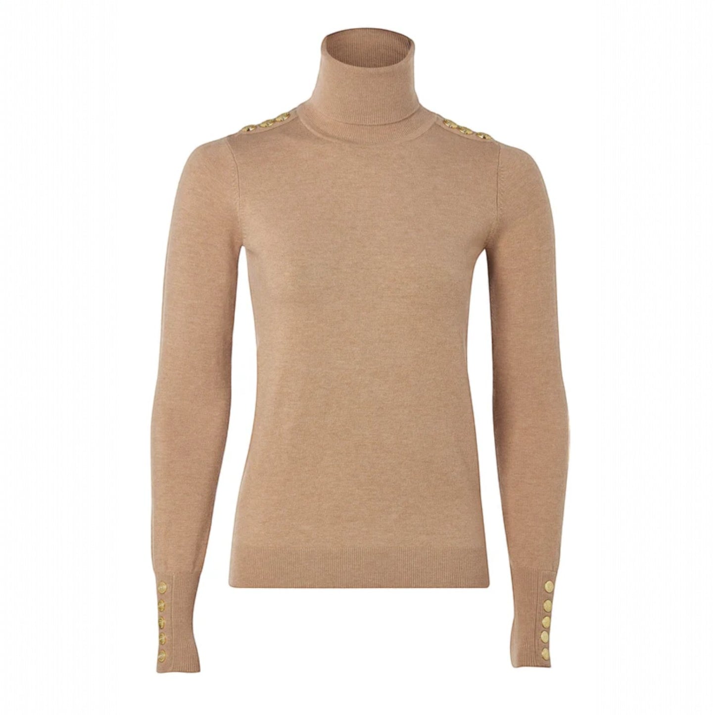 Holland Cooper Buttoned Knit Roll Neck Dark Camel