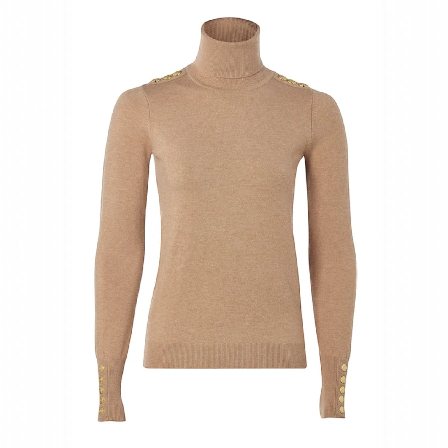Holland Cooper Buttoned Knit Roll Neck Dark Camel