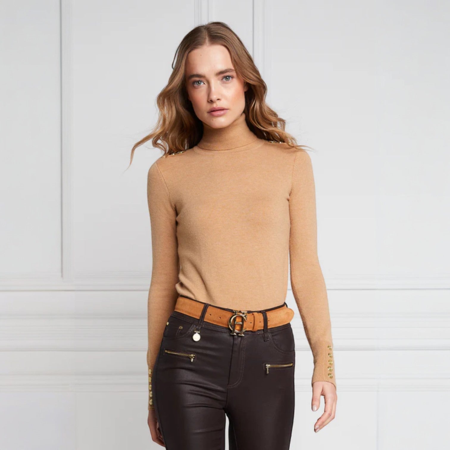 Holland Cooper Buttoned Knit Roll Neck Dark Camel