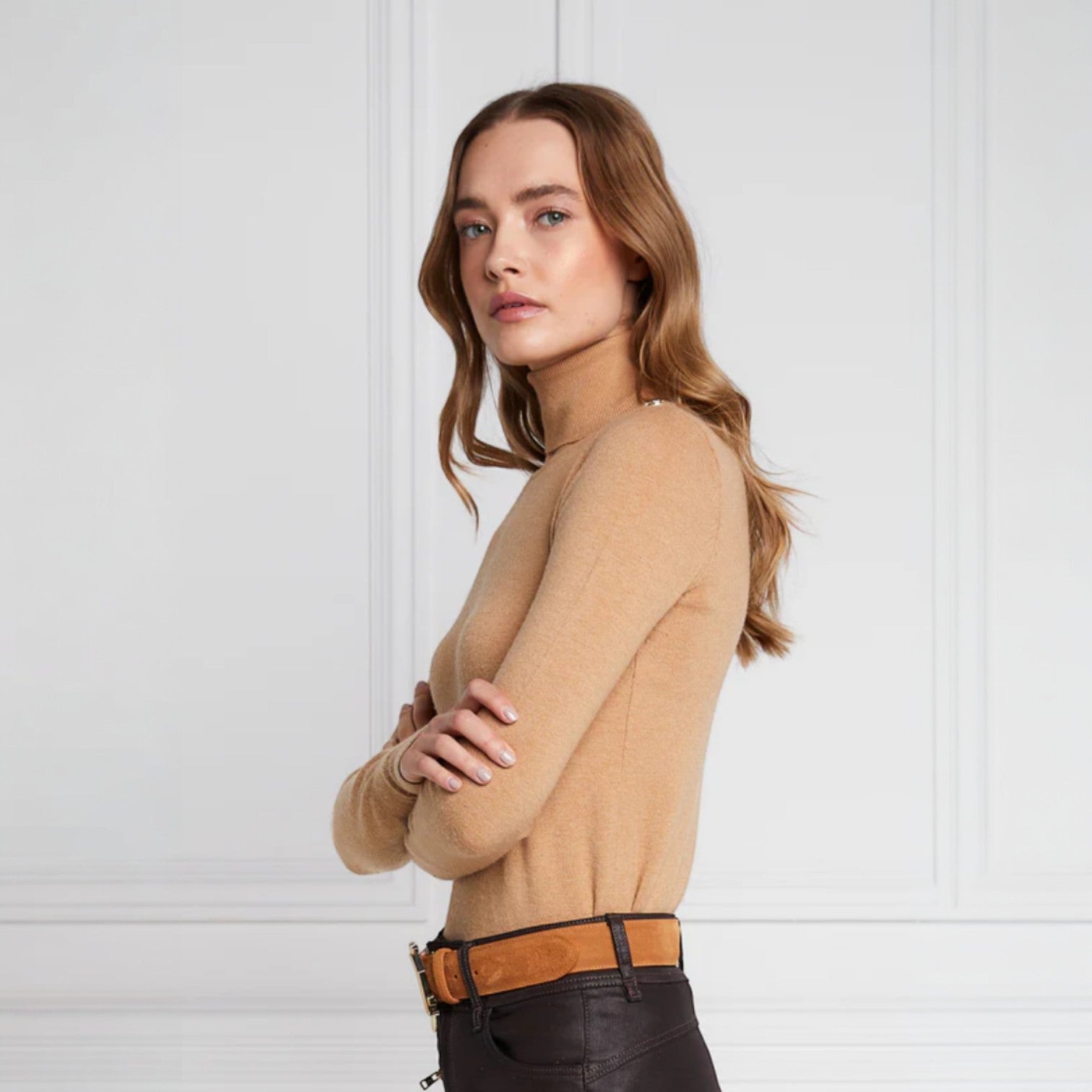 Holland Cooper Buttoned Knit Roll Neck Dark Camel