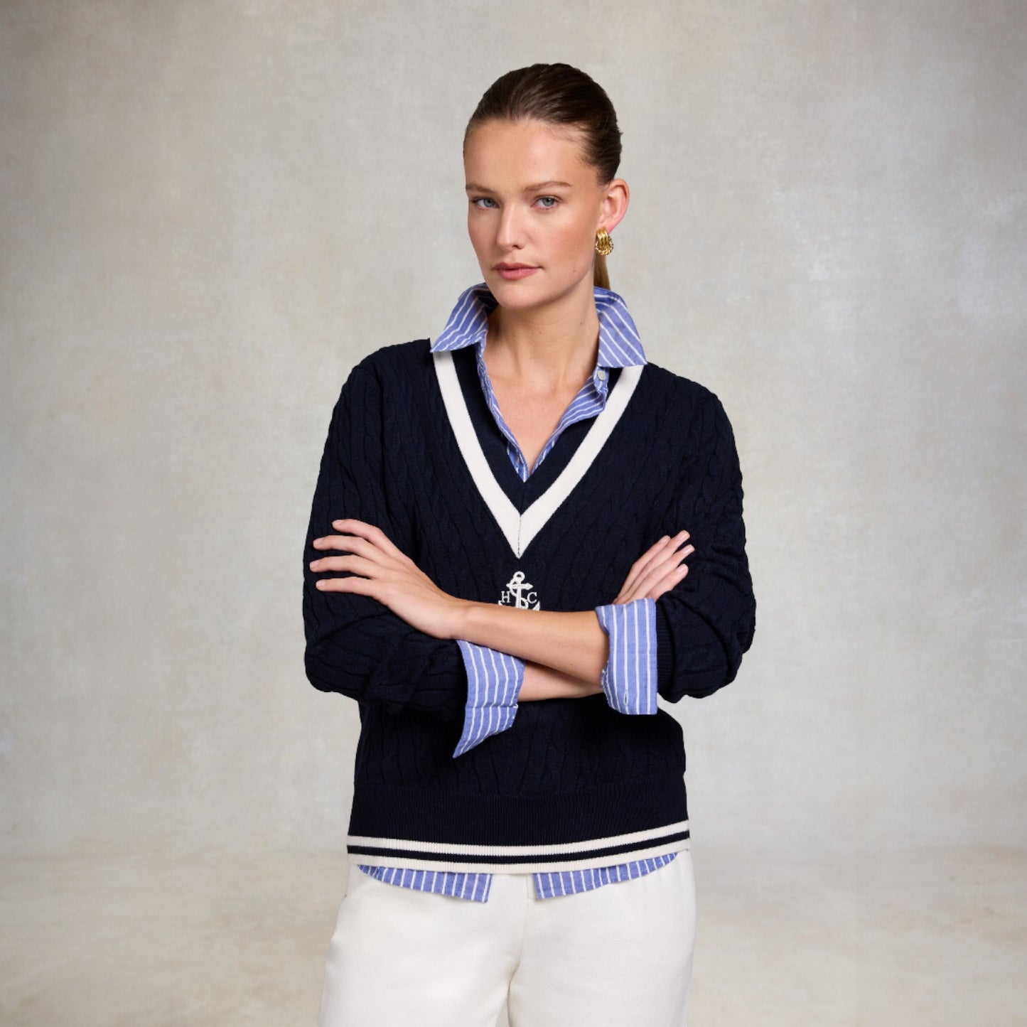 Holland Cooper Melissa V Neck Knit Ink Navy Natural