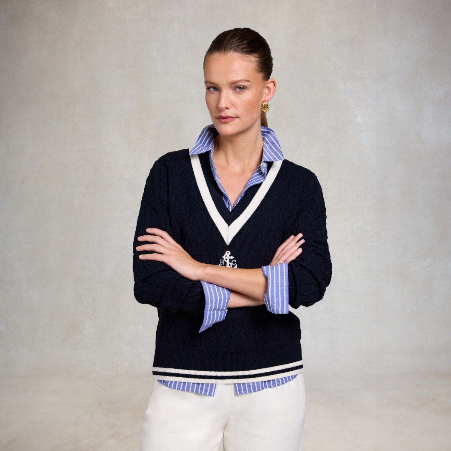 Holland Cooper Melissa V Neck Knit Ink Navy Natural