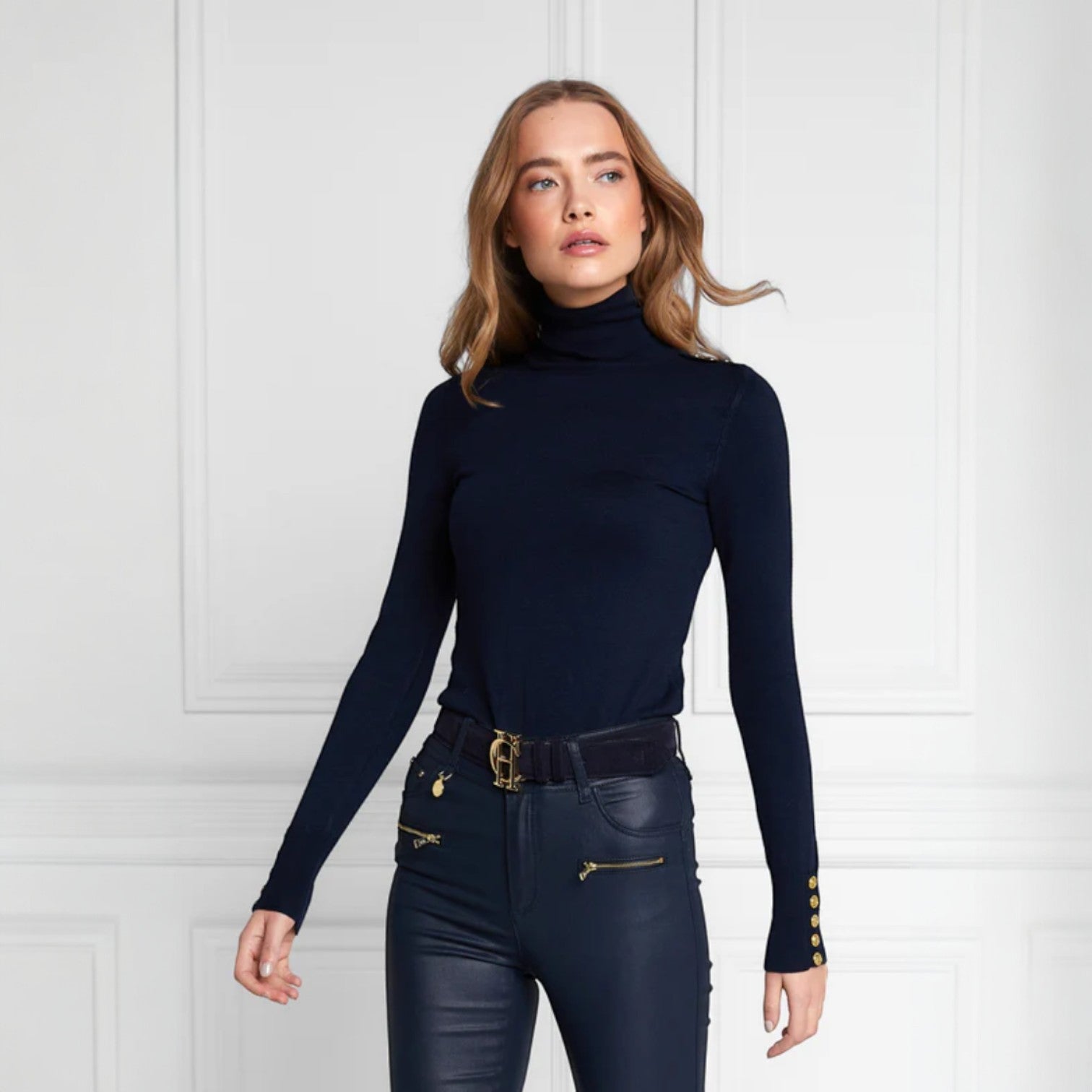 Holland Copper Buttoned Knit Roll Neck Ink Navy