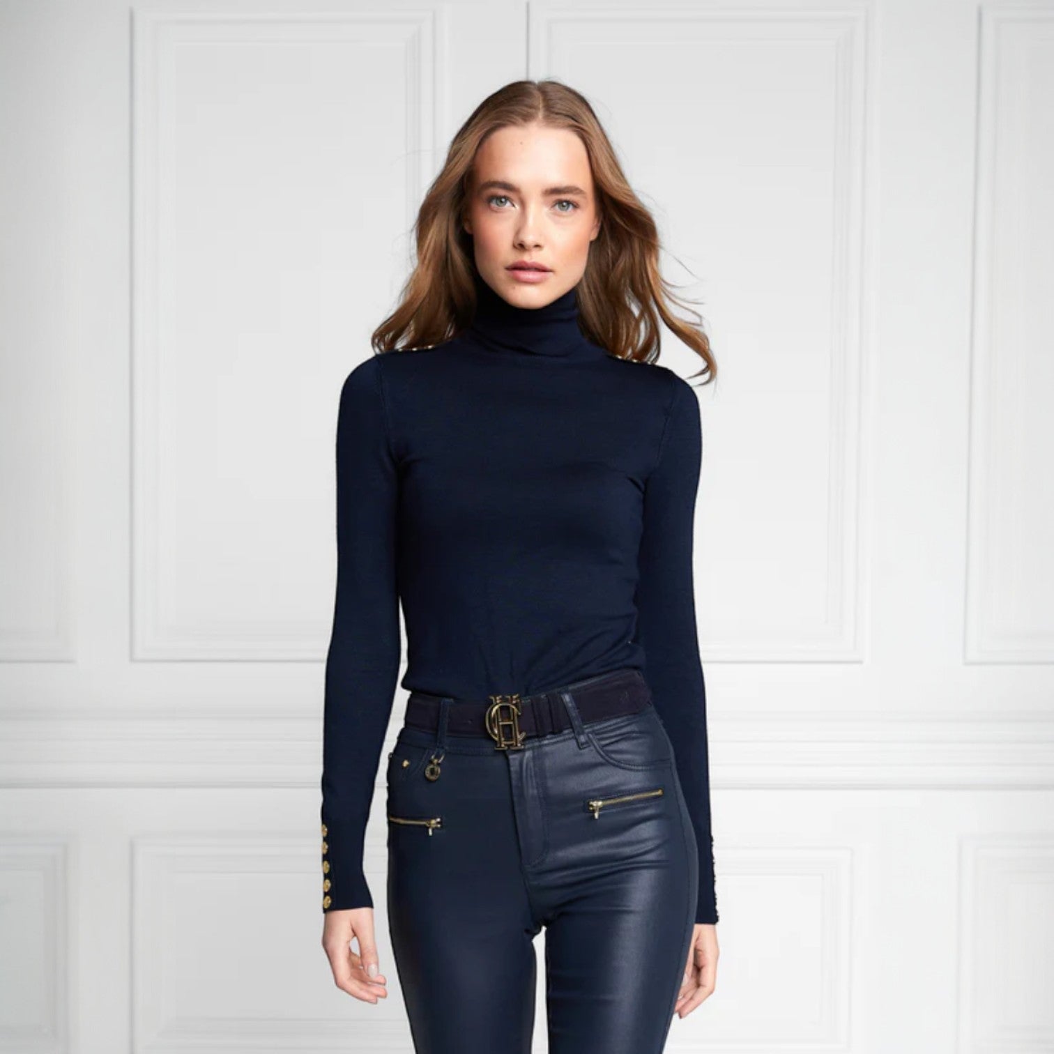 Holland Copper Buttoned Knit Roll Neck Ink Navy