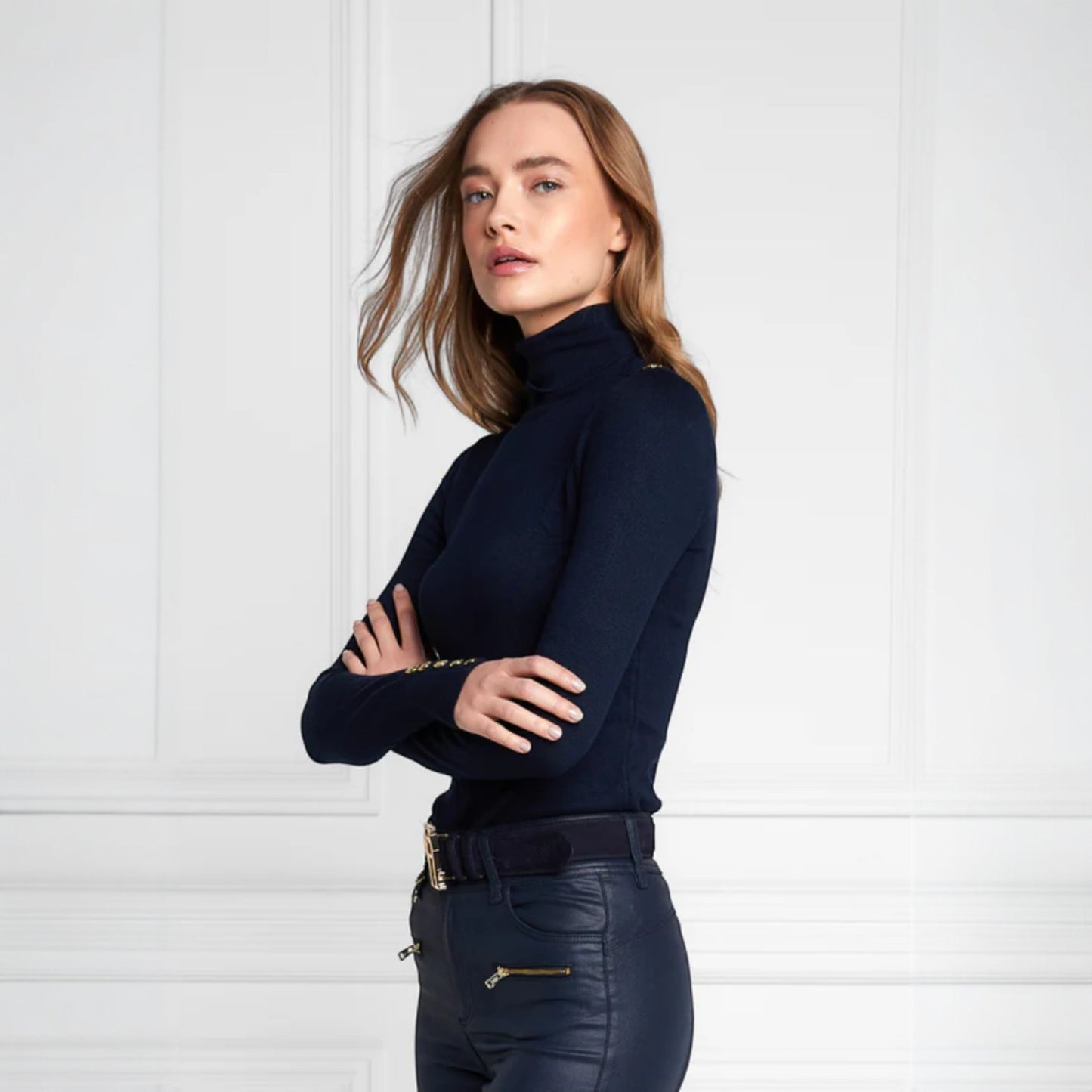 Holland Copper Buttoned Knit Roll Neck Ink Navy