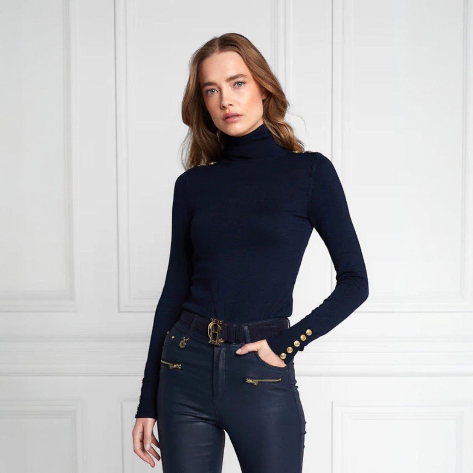 Holland Copper Buttoned Knit Roll Neck Ink Navy