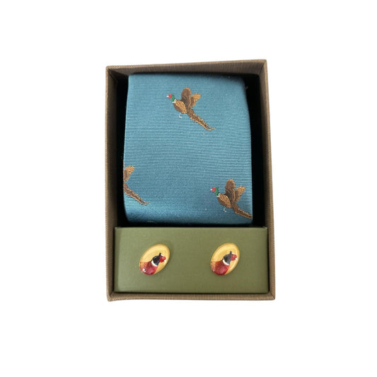 Soprano Pheasant Tie & Cufflink Set - Teal