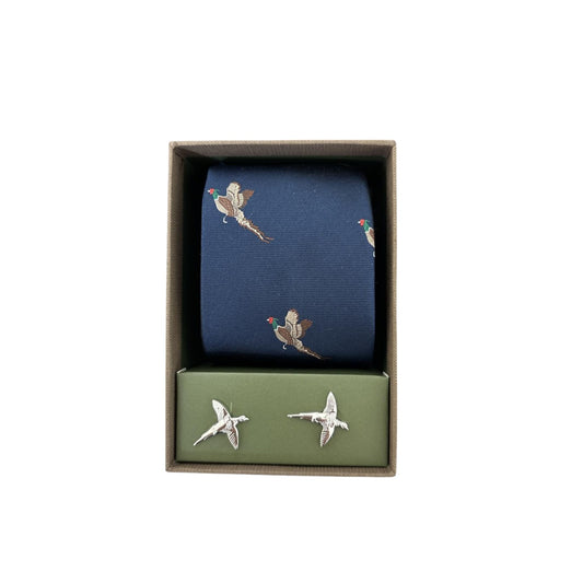 Soprano Pheasant Tie & Cufflinks Set - Navy