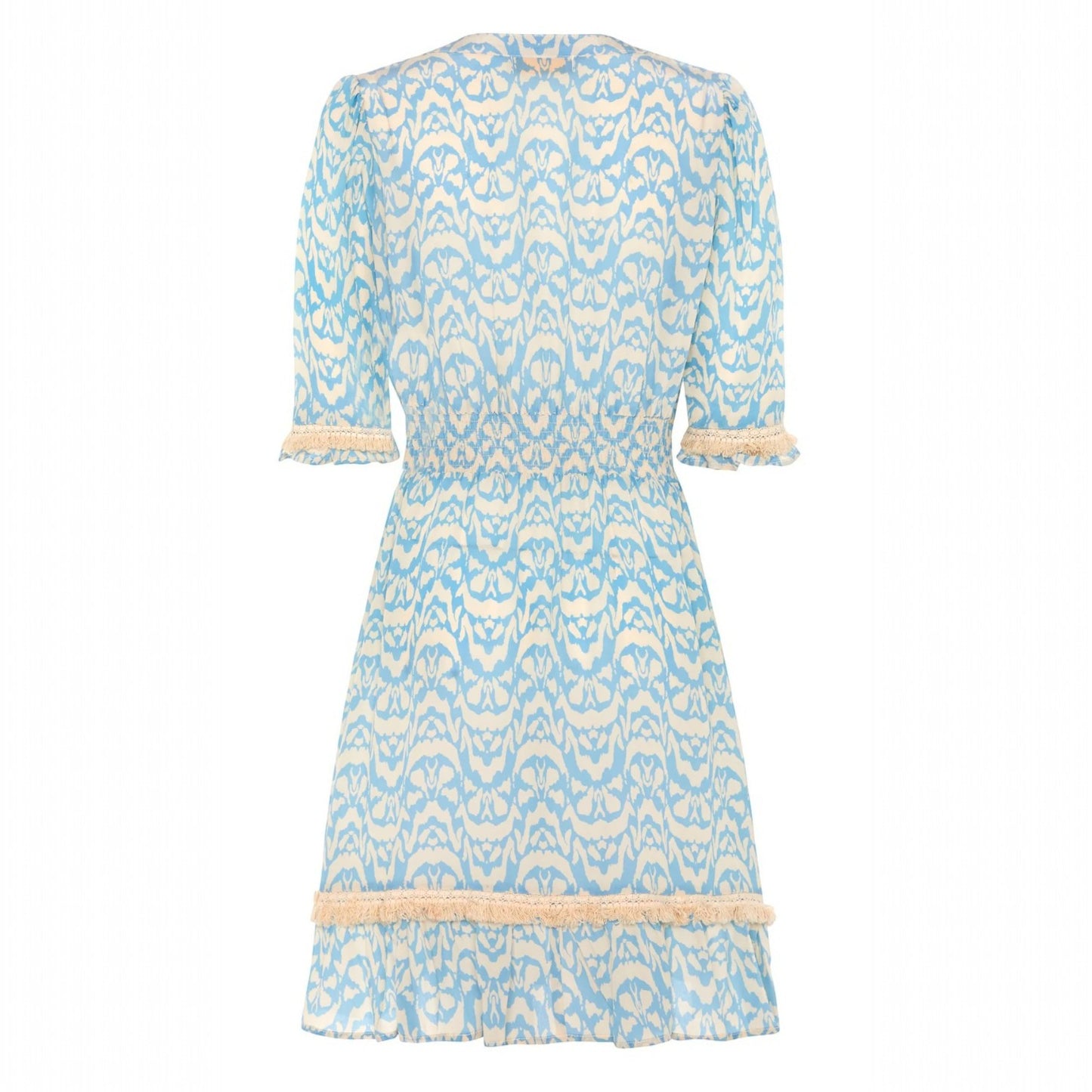 Light blue and white patterned dress with lace trim on a white background