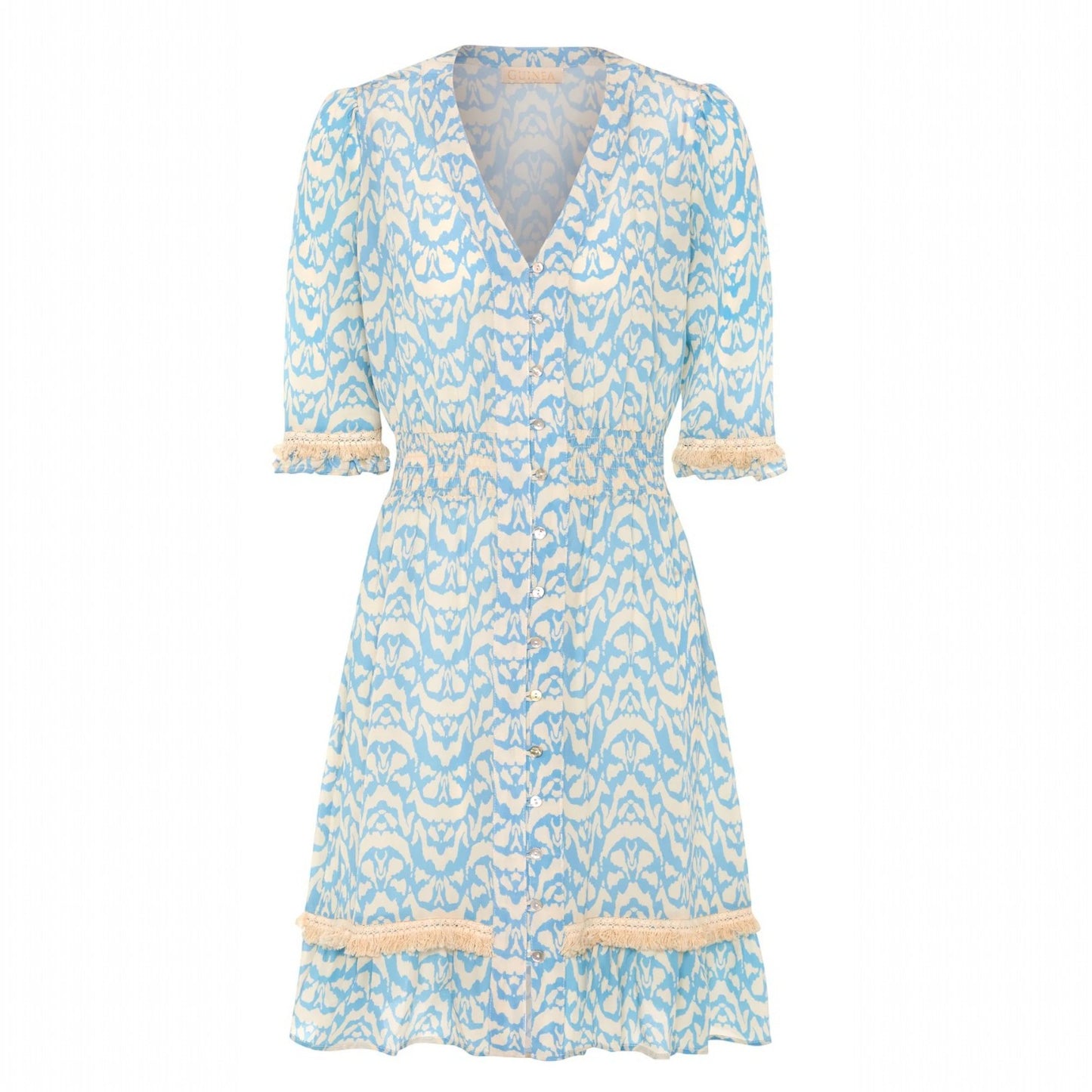 Light blue and white patterned dress with a belt on a white background