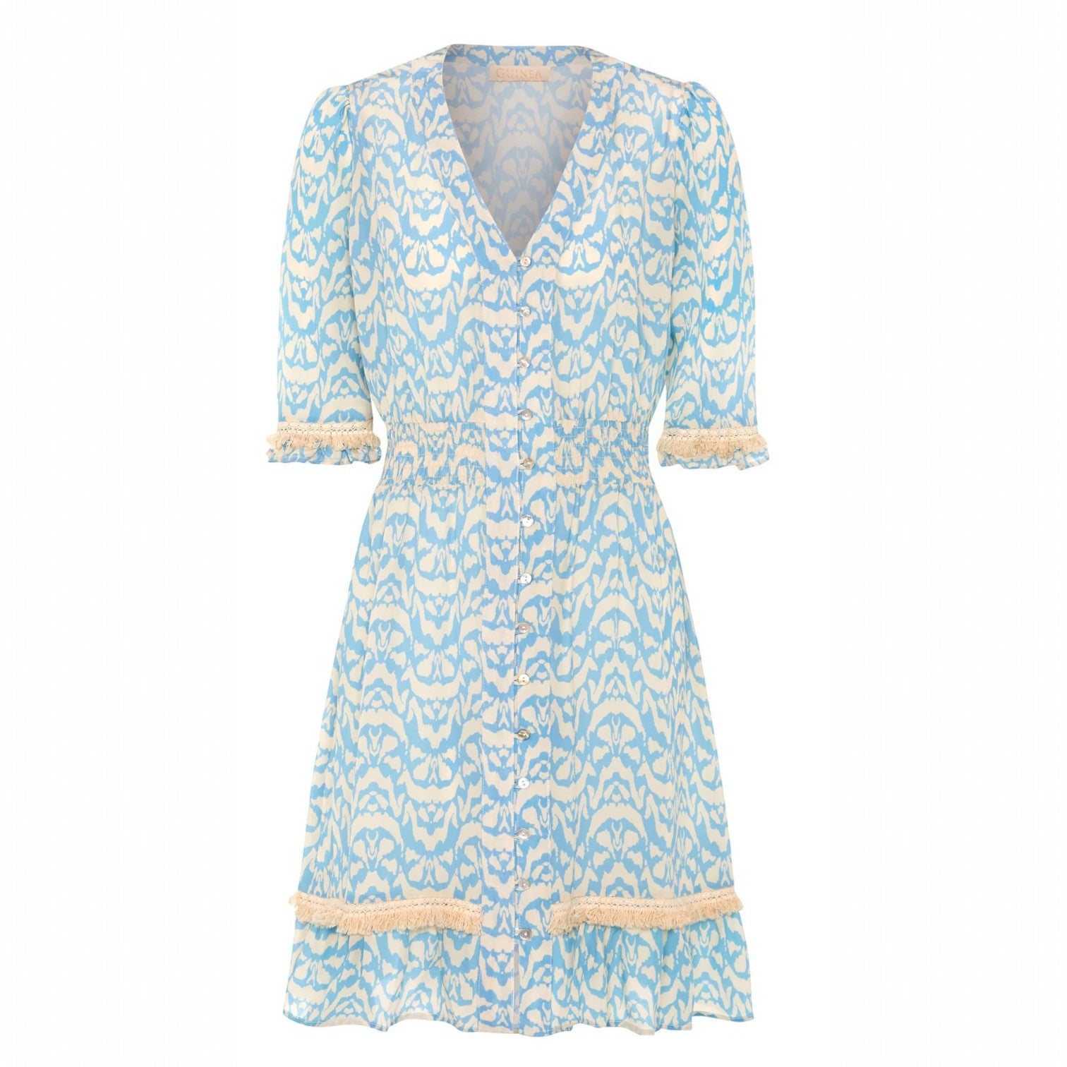 Light blue and white patterned dress with a belt on a white background