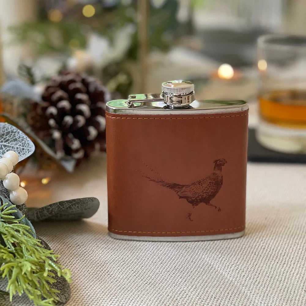 Selbrae House Leather Hip Flask - Pheasant