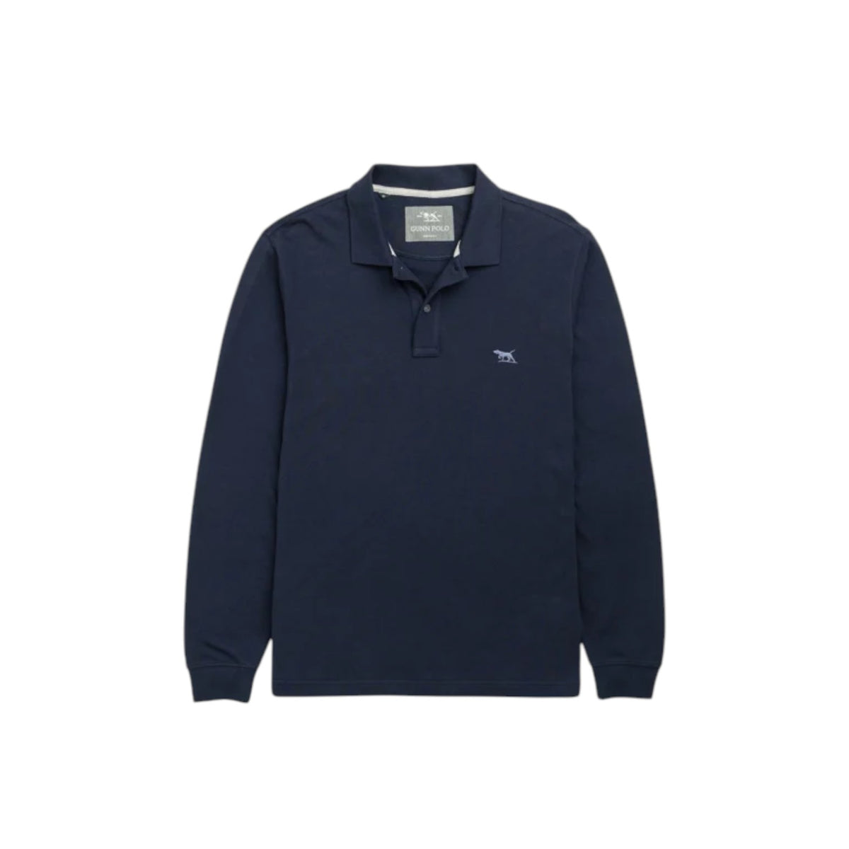 Navy long-sleeve polo shirt with brand logo on a white background