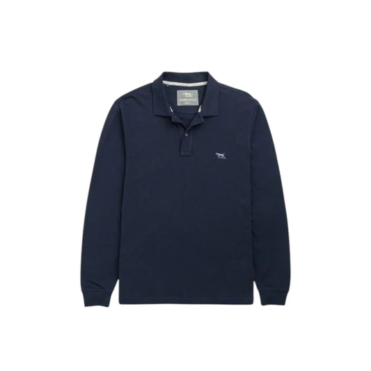 Navy long-sleeve polo shirt with brand logo on a white background
