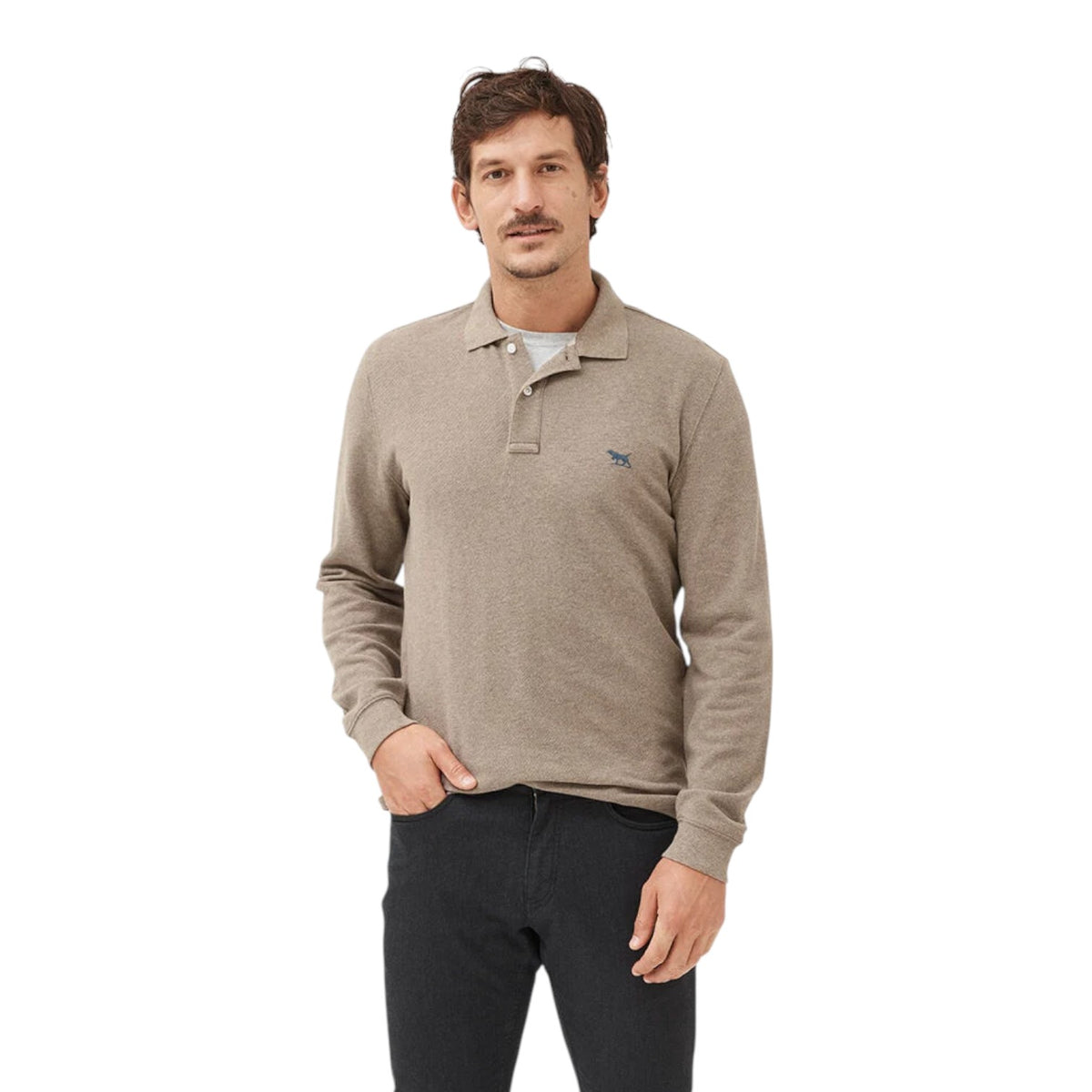 Man wearing a beige long-sleeve polo shirt on a white background