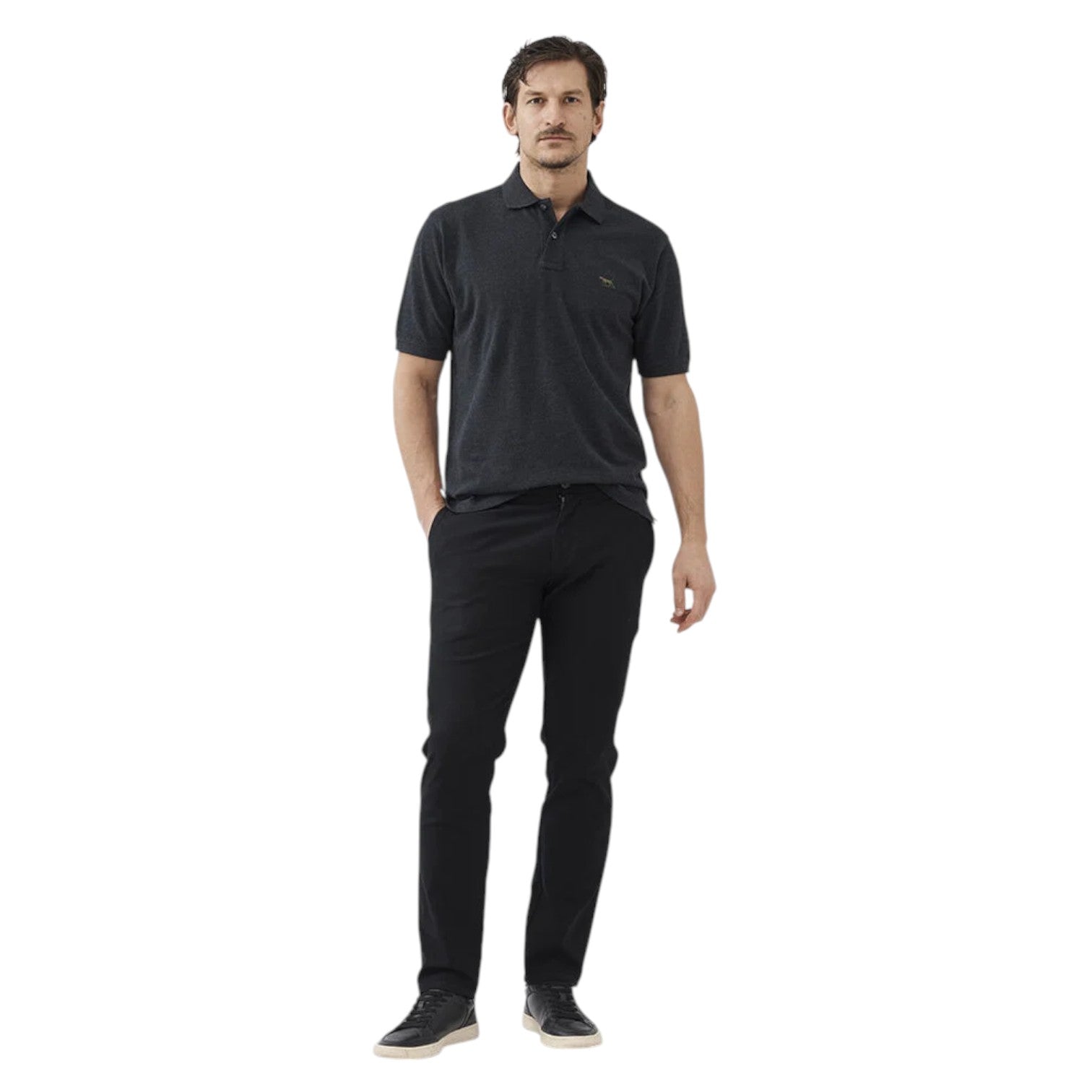 Man wearing a black polo shirt and pants on a white background