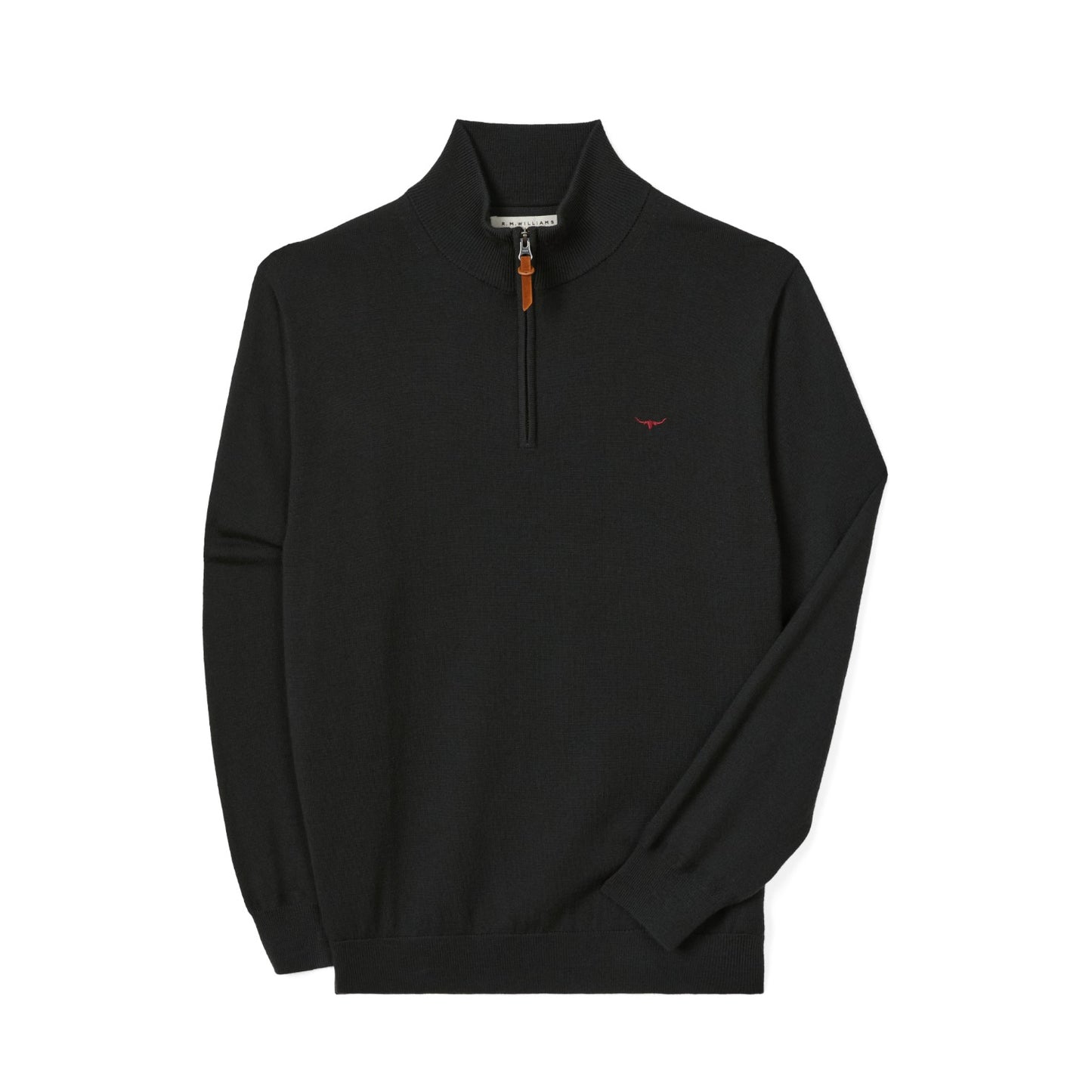 A black long-sleeve quarter-zip pullover sweater with a small red embroidered bird logo on the left chest, displayed on a clean white background.