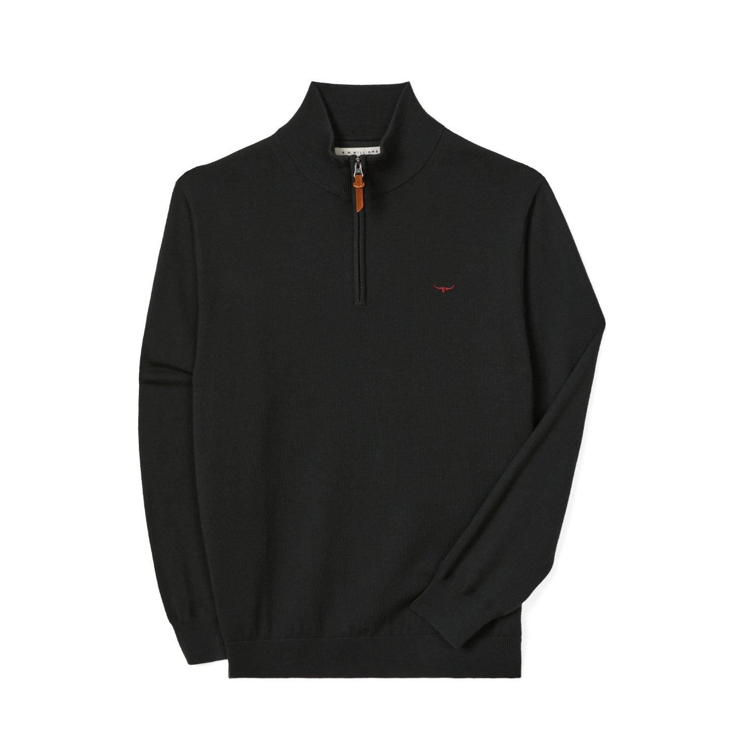A black long-sleeve quarter-zip pullover sweater with a small red embroidered bird logo on the left chest, displayed on a clean white background.