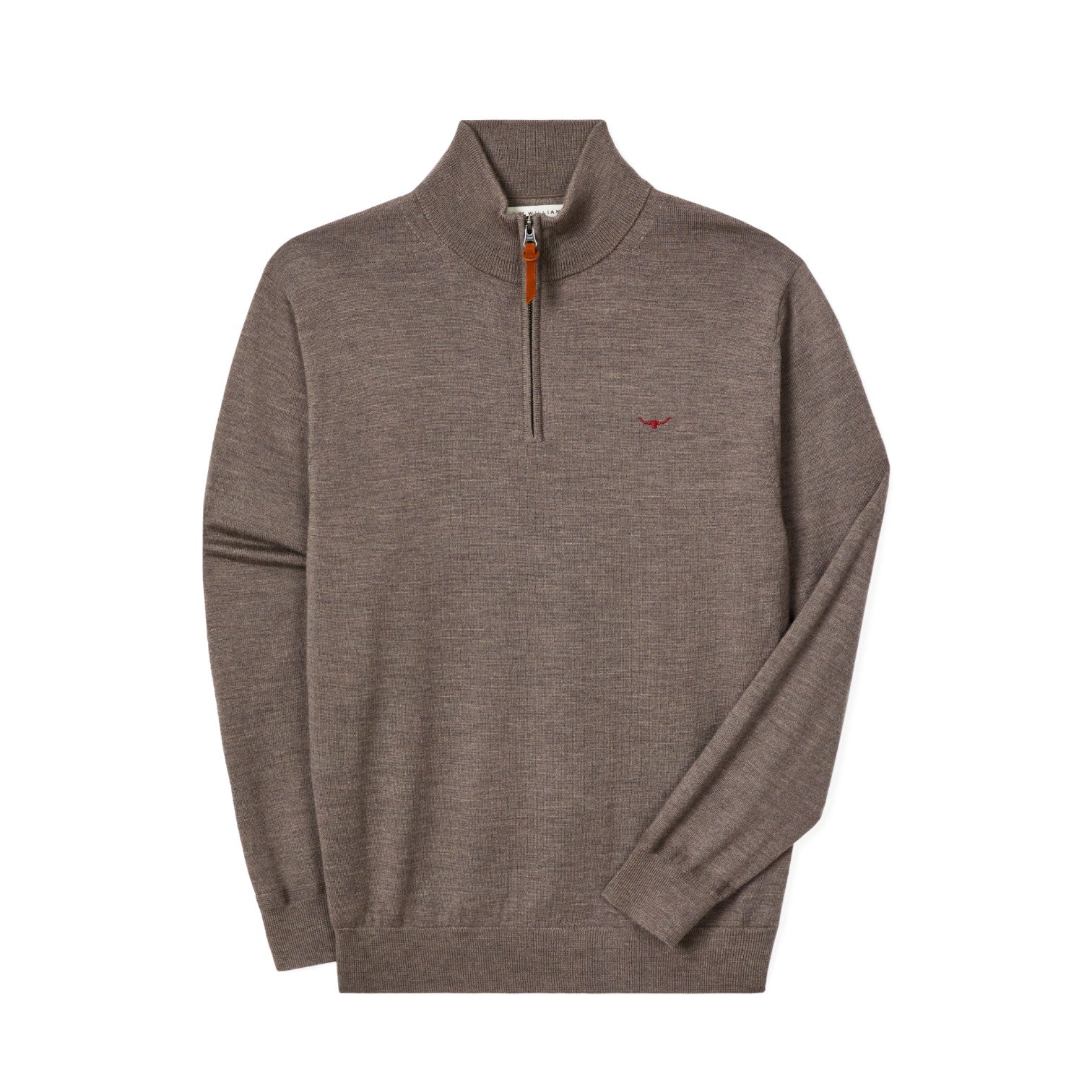 A men's brown half-zip knit sweater with a mock neck, featuring a small red embroidered bird logo on the left chest and subtle stripe detailing on the right sleeve, shown against a plain white background.