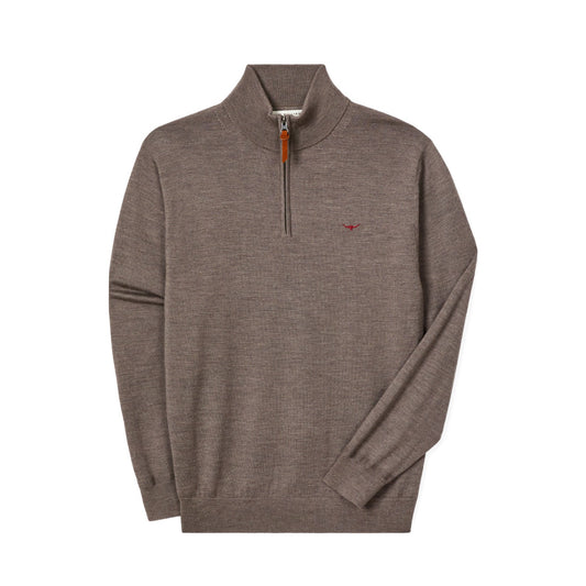 A men's brown half-zip knit sweater with a mock neck, featuring a small red embroidered bird logo on the left chest and subtle stripe detailing on the right sleeve, shown against a plain white background.