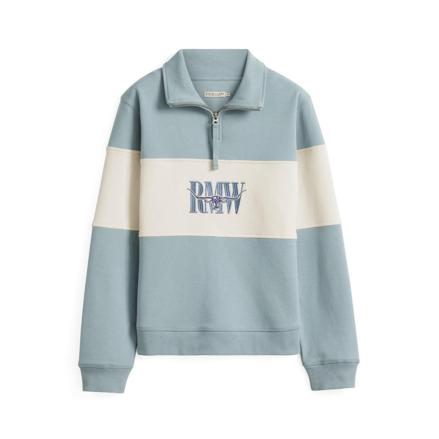 A light blue and cream color-blocked quarter-zip sweatshirt with a blue 'BMW' logo on the chest, displayed on a clean white background.