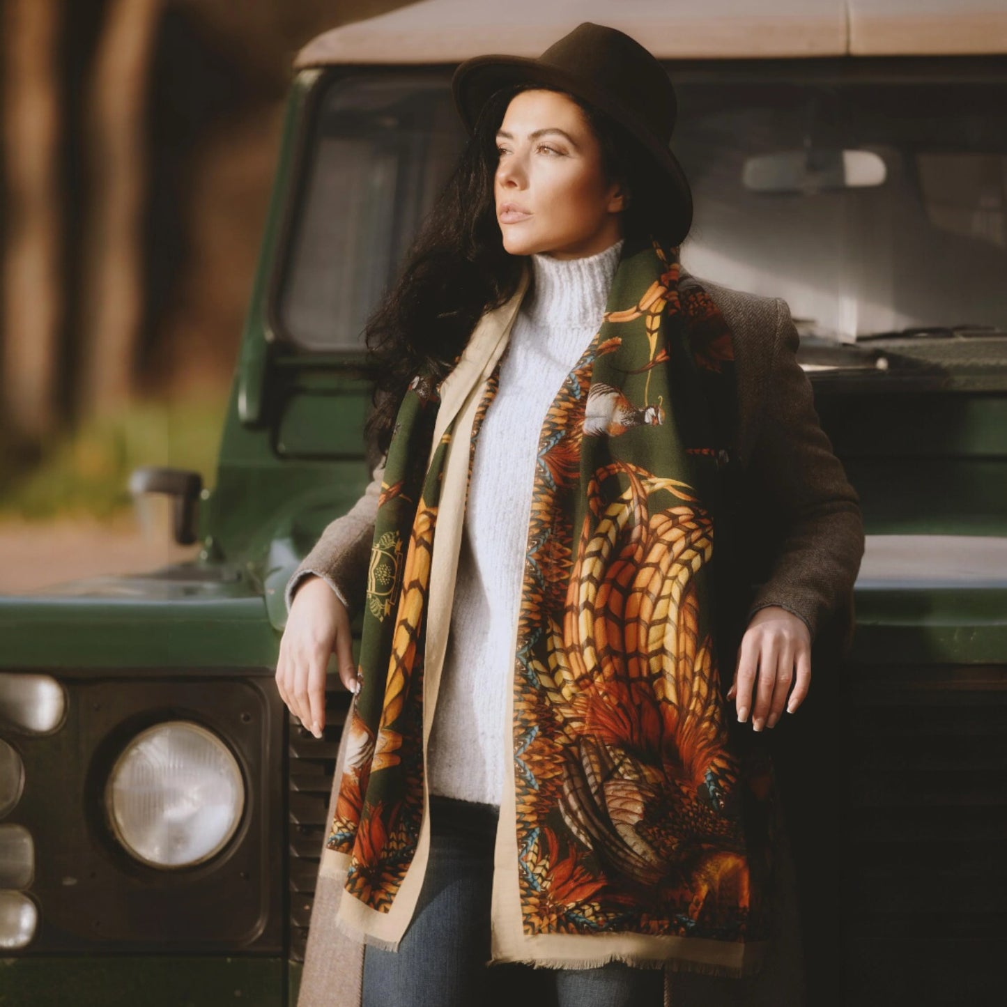 Clare Haggas Heads Or Tails Khaki Wool Silk Wrap Scarf