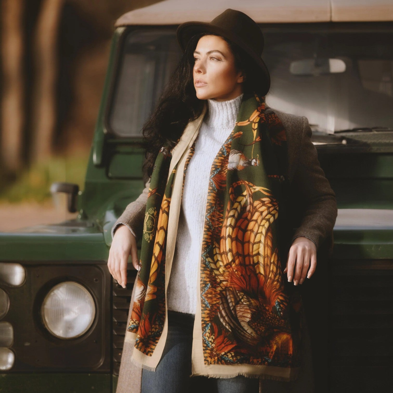 Clare Haggas Heads Or Tails Khaki Wool Silk Wrap Scarf