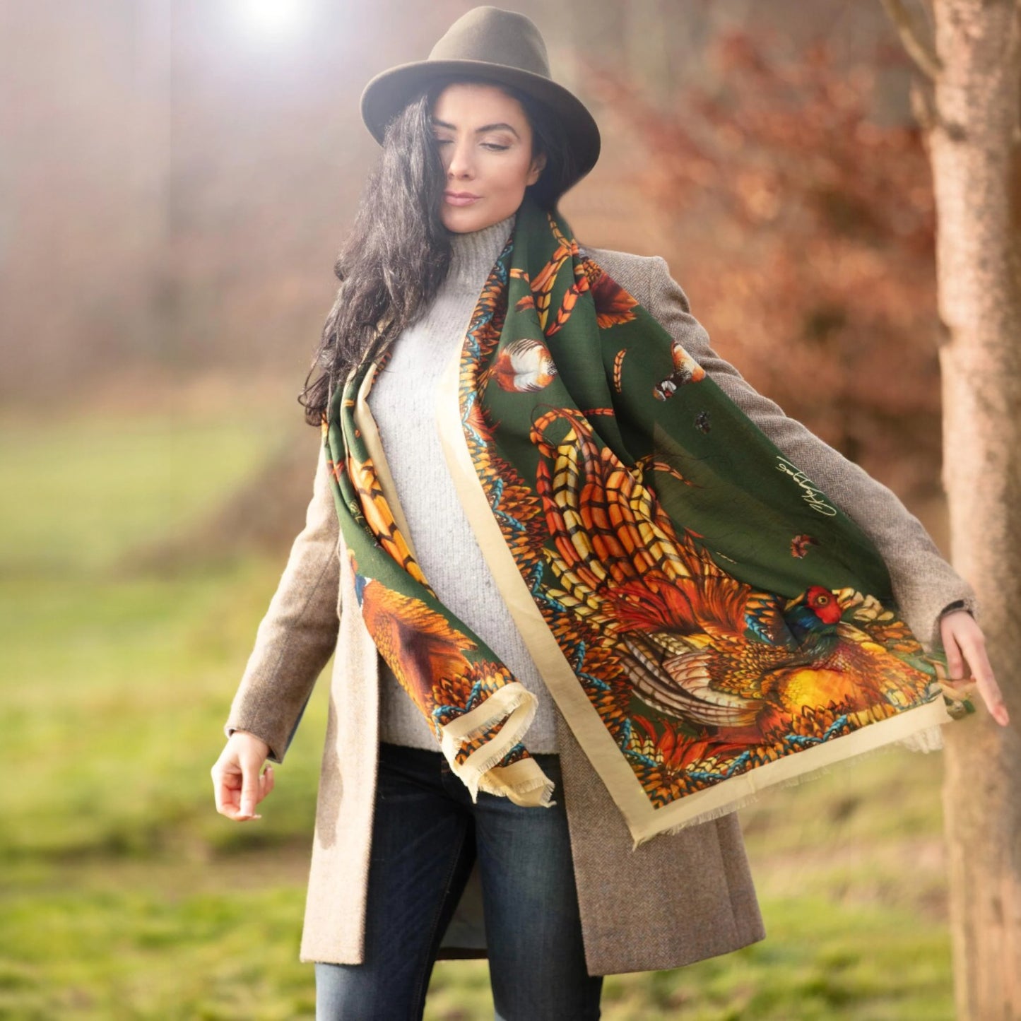 Clare Haggas Heads Or Tails Khaki Wool Silk Wrap Scarf